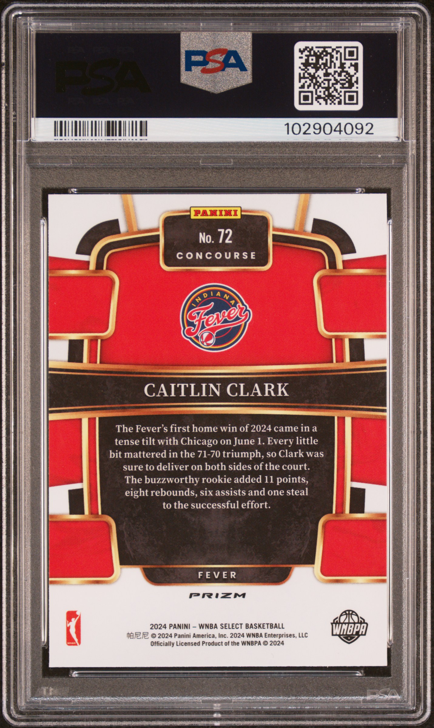 2024 Panini Select Wnba Caitlin Clark #72 (Silver Prizm) Gem Mt 10 back