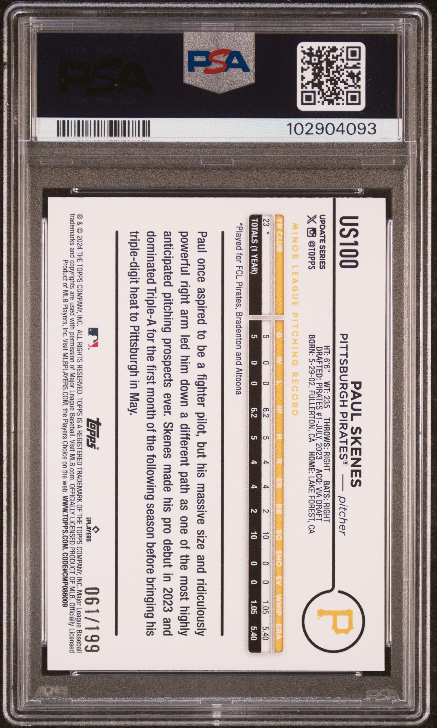 2024 Topps Update Paul Skenes #Us100 (Red Crackle Foil Board) Gem Mt 10 back