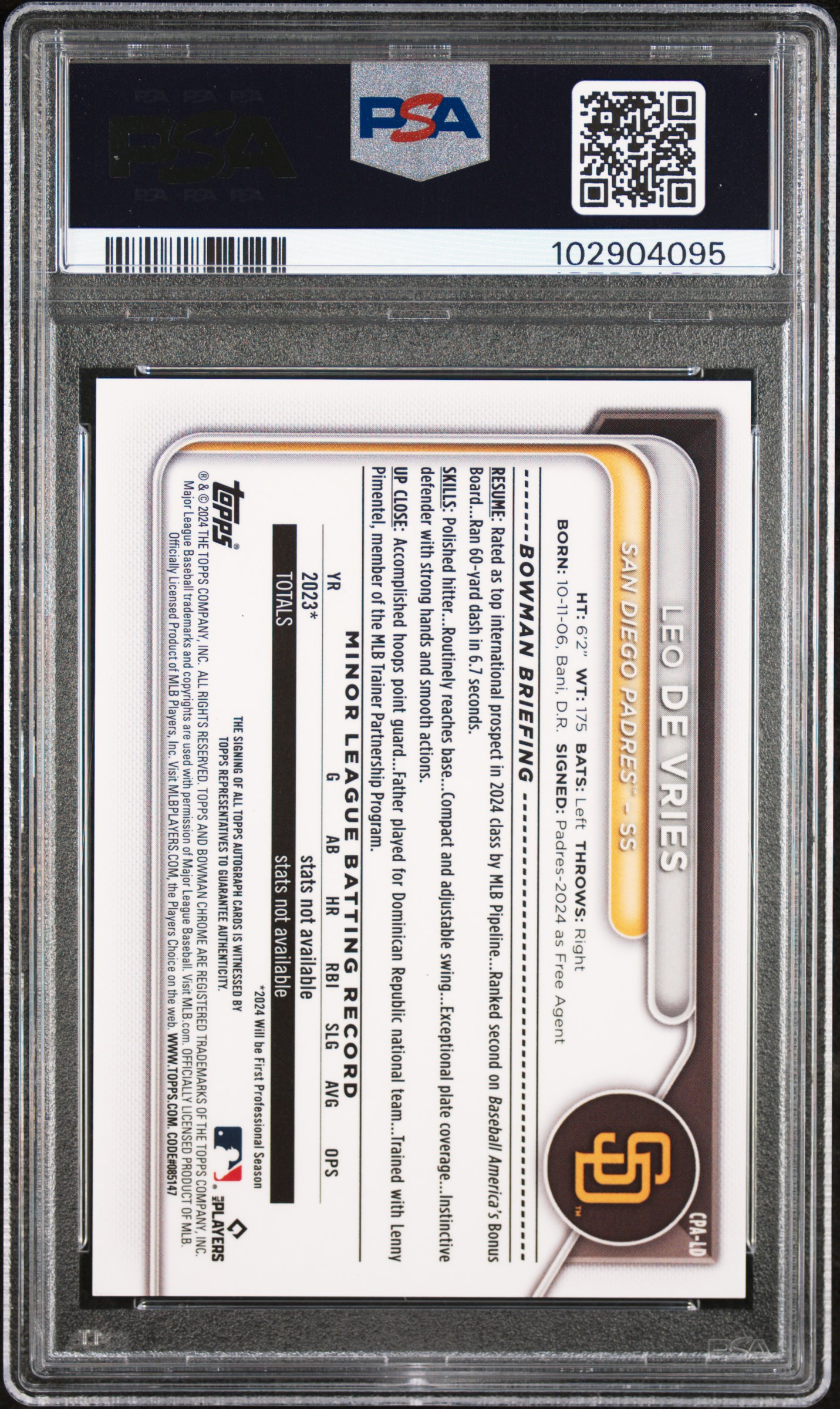 2024 Bowman Chrome Prospect Autographs Leo De Vries #Cpald (Prospect Autograph) Gem Mt 10 back