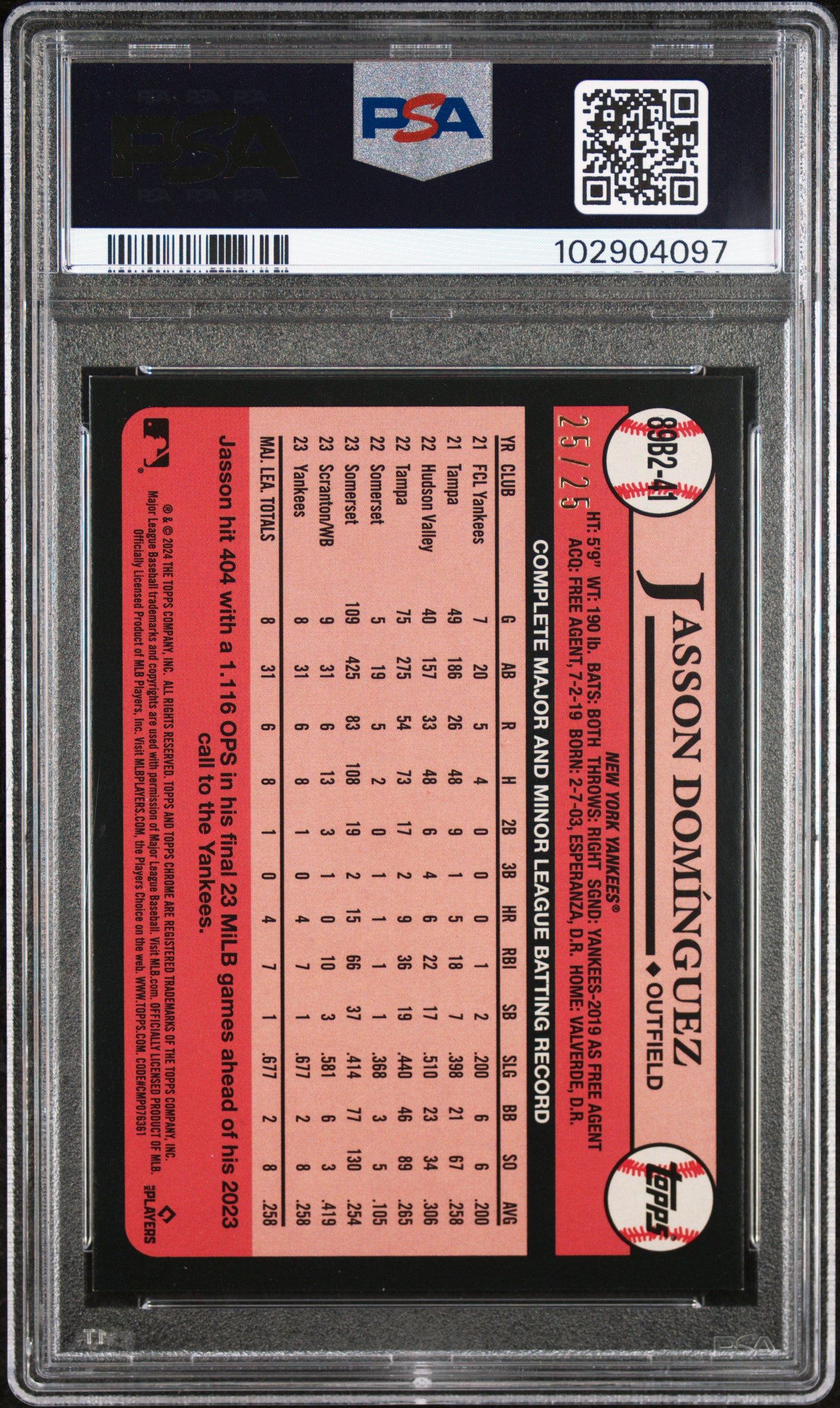 2024 Topps 1989 Topps Baseball Jasson Dominguez #89B2-41 (1989 Topps-Foil-Orange) Mint 9 back