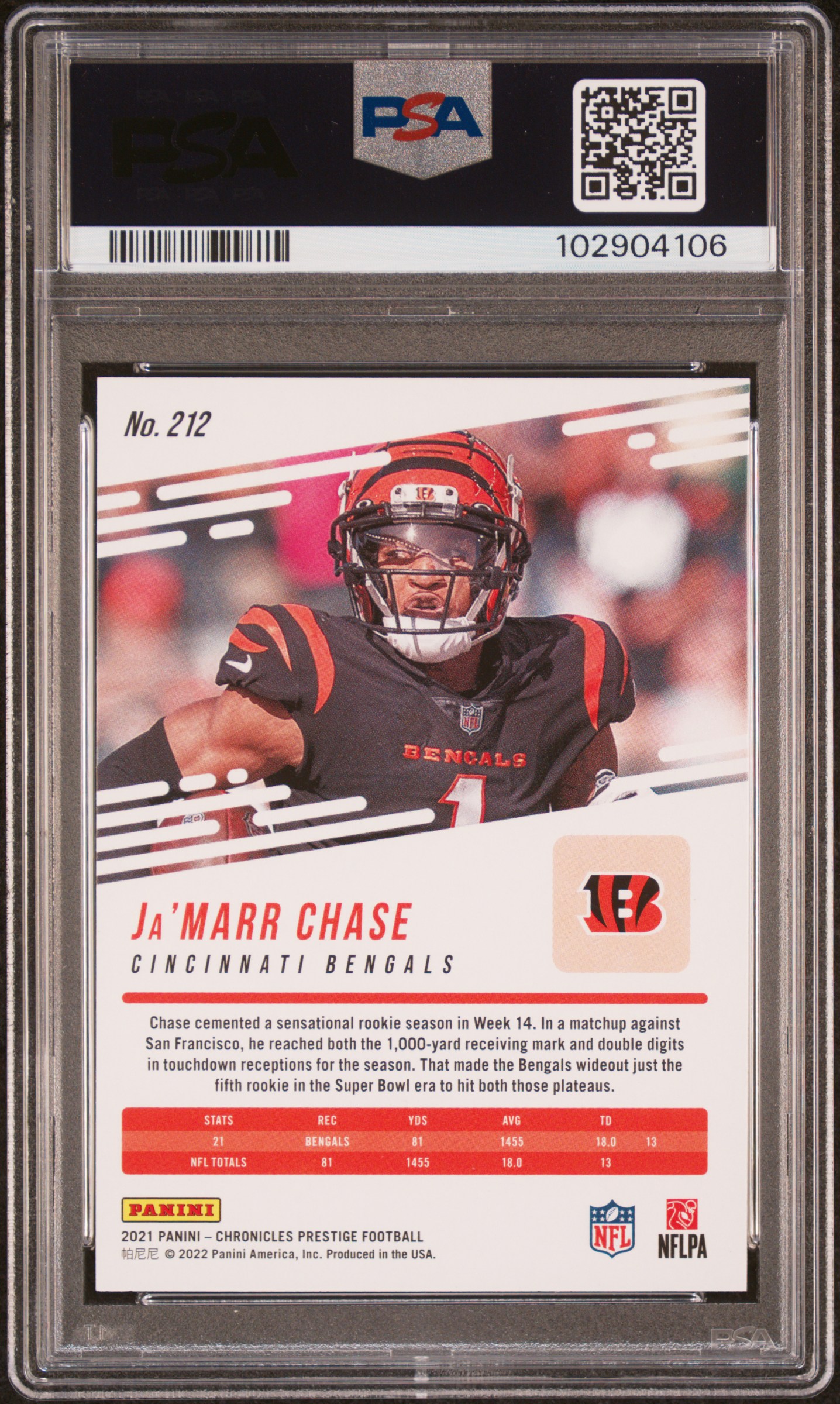 2021 Panini Chronicles Prestige Rookie Update Ja'marr Chase #212 (Prestige Rookie Update) Mint 9 back