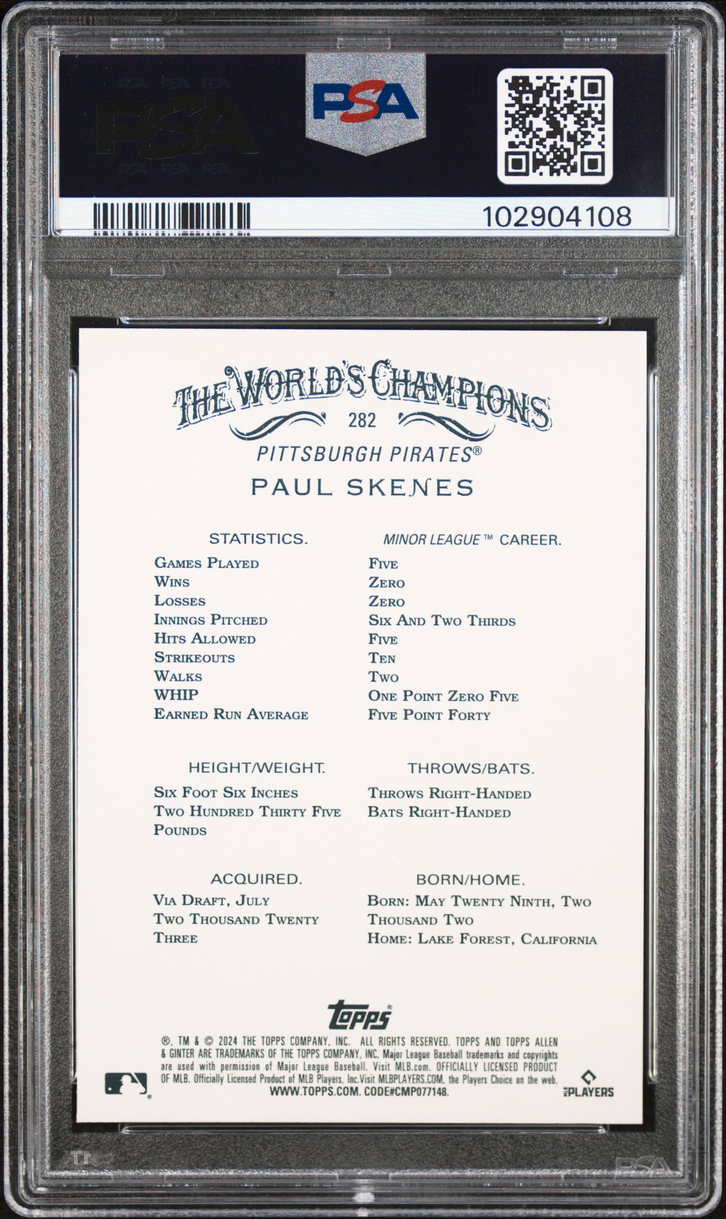 2024 Topps Allen & Ginter Paul Skenes #282 (Silver Portrait Hot Box) Mint 9 back