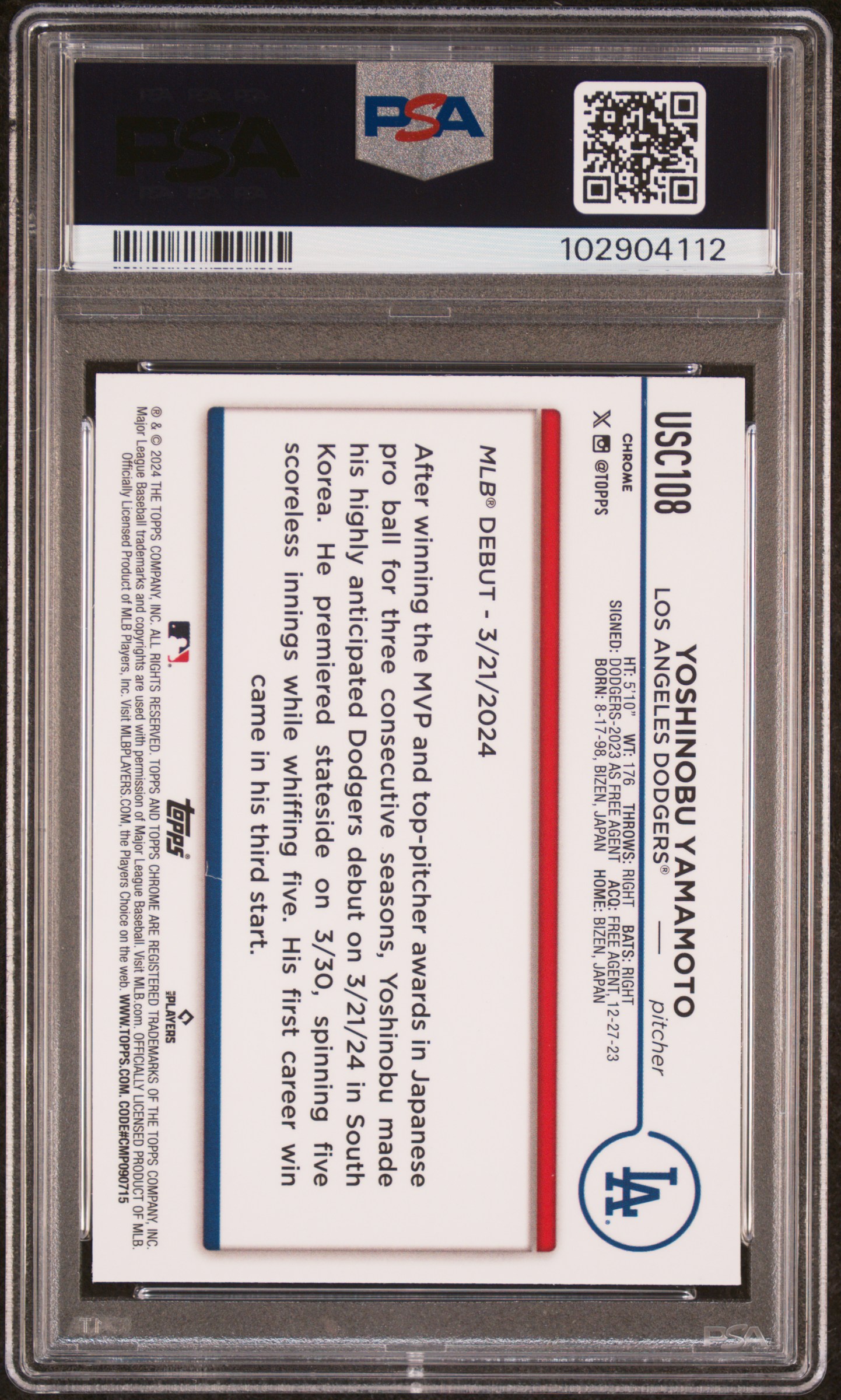 2024 Topps Chrome Update Yoshinobu Yamamoto #Usc108 (X-Fractor) Mint 9 back