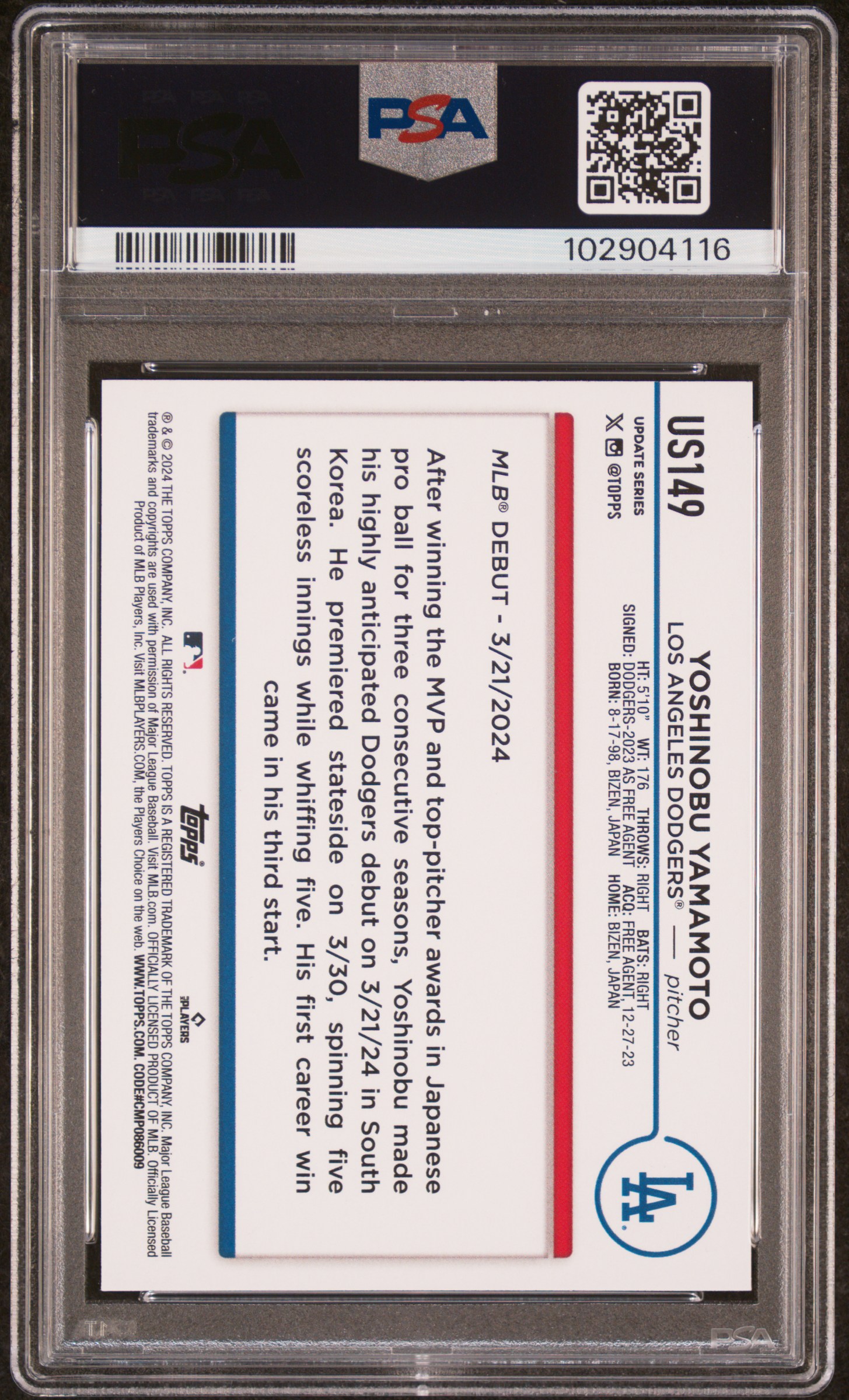 2024 Topps Update Yoshinobu Yamamoto #Us149 Mint 9 back