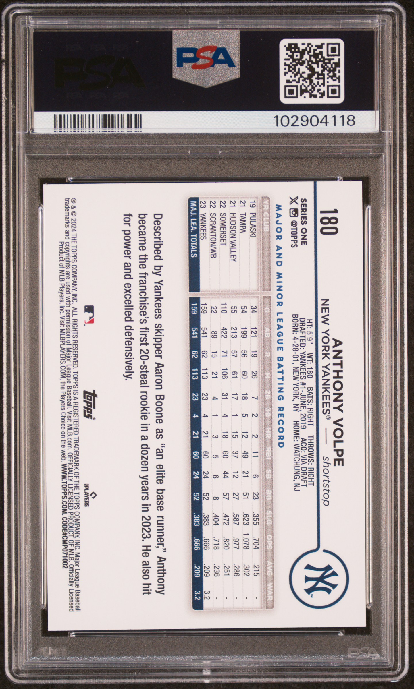 2024 Topps 582 Montgomery Set Anthony Volpe #180 Gem Mt 10 back