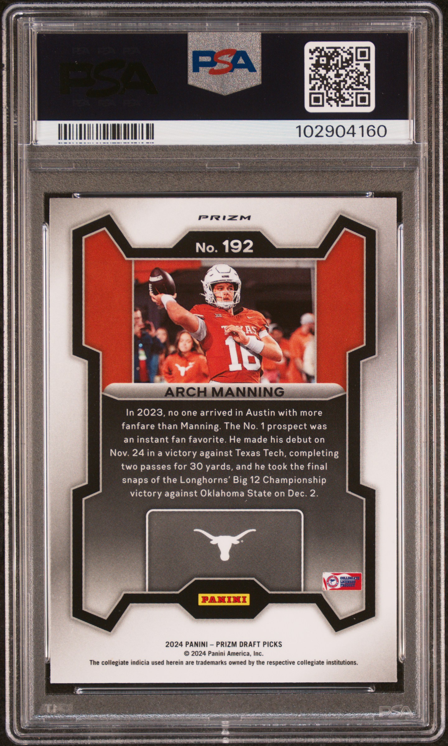 2024 Panini Prizm Draft Picks Arch Manning #192 (Silver Prizm) Nm-Mt 8 back