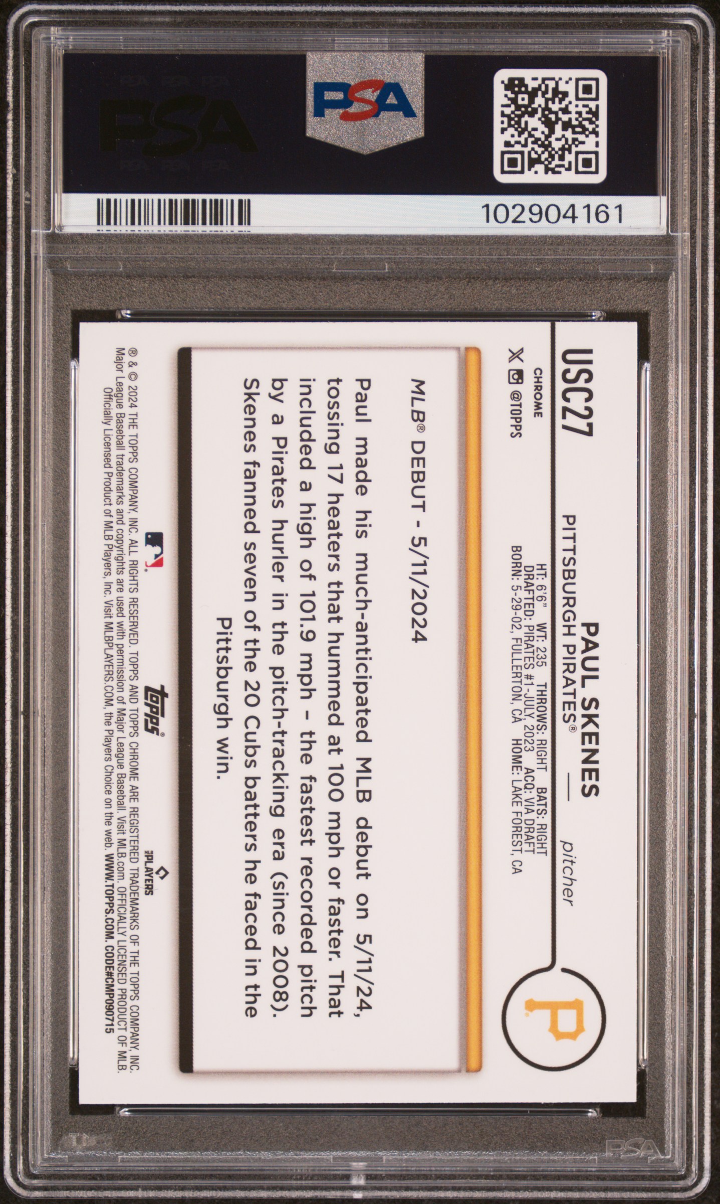 2024 Topps Chrome Update Paul Skenes #Usc27 (X-Fractor) Mint 9 back