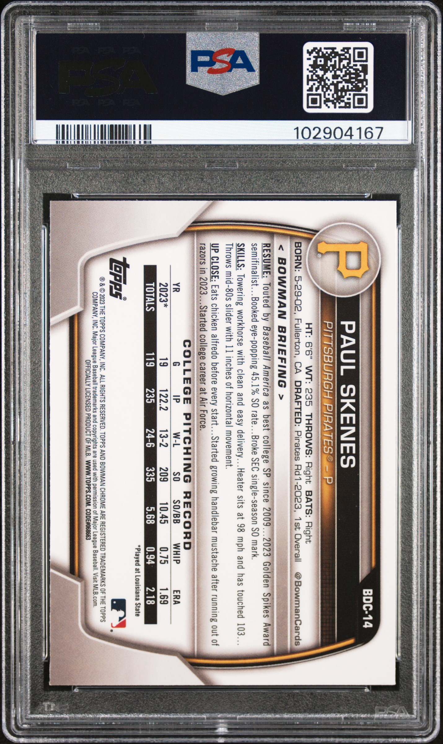 2023 Bowman Draft Paul Skenes #Bdc14 (Chrome) Mint 9 back