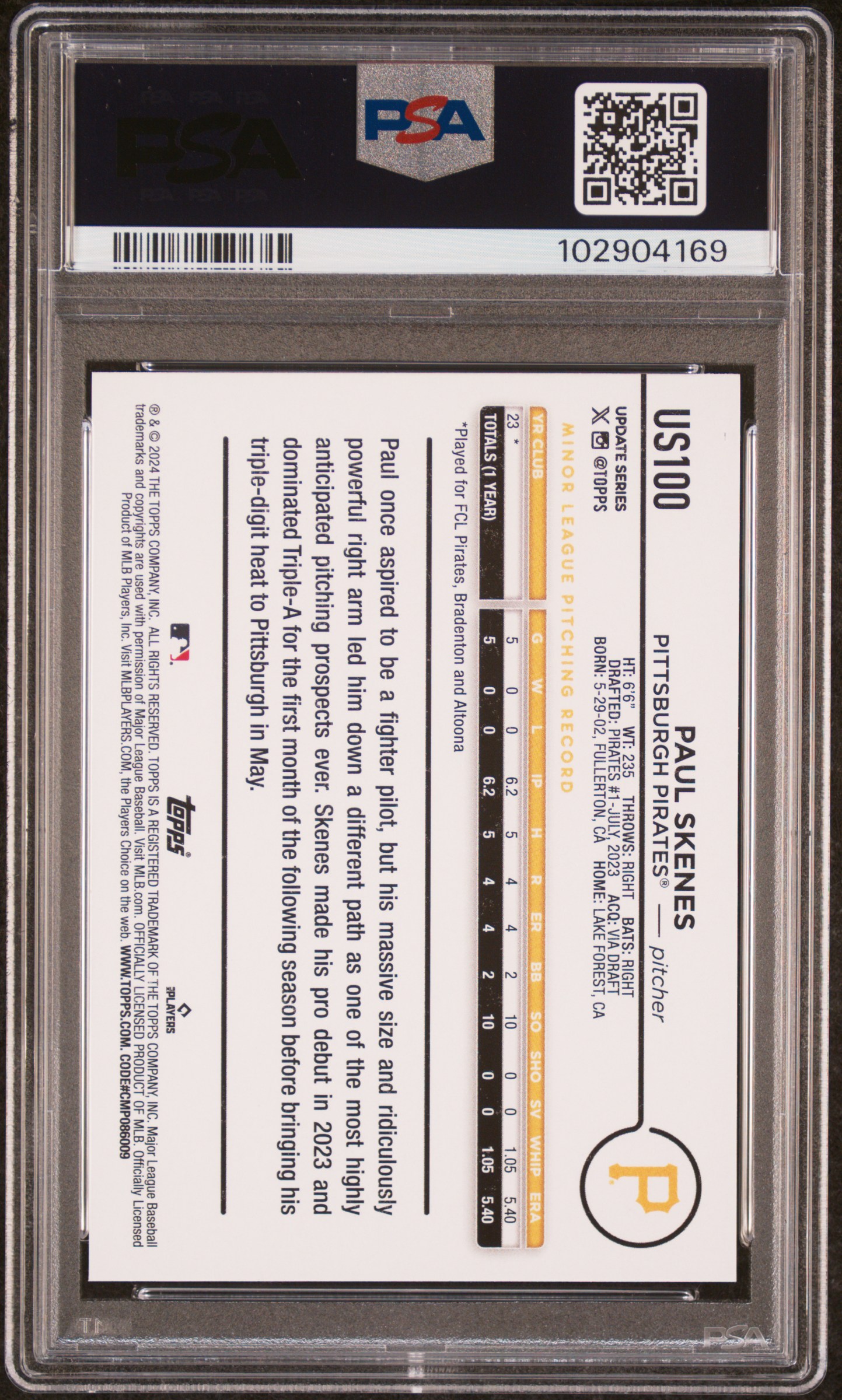 2024 Topps Update Paul Skenes #Us100 Mint 9 back