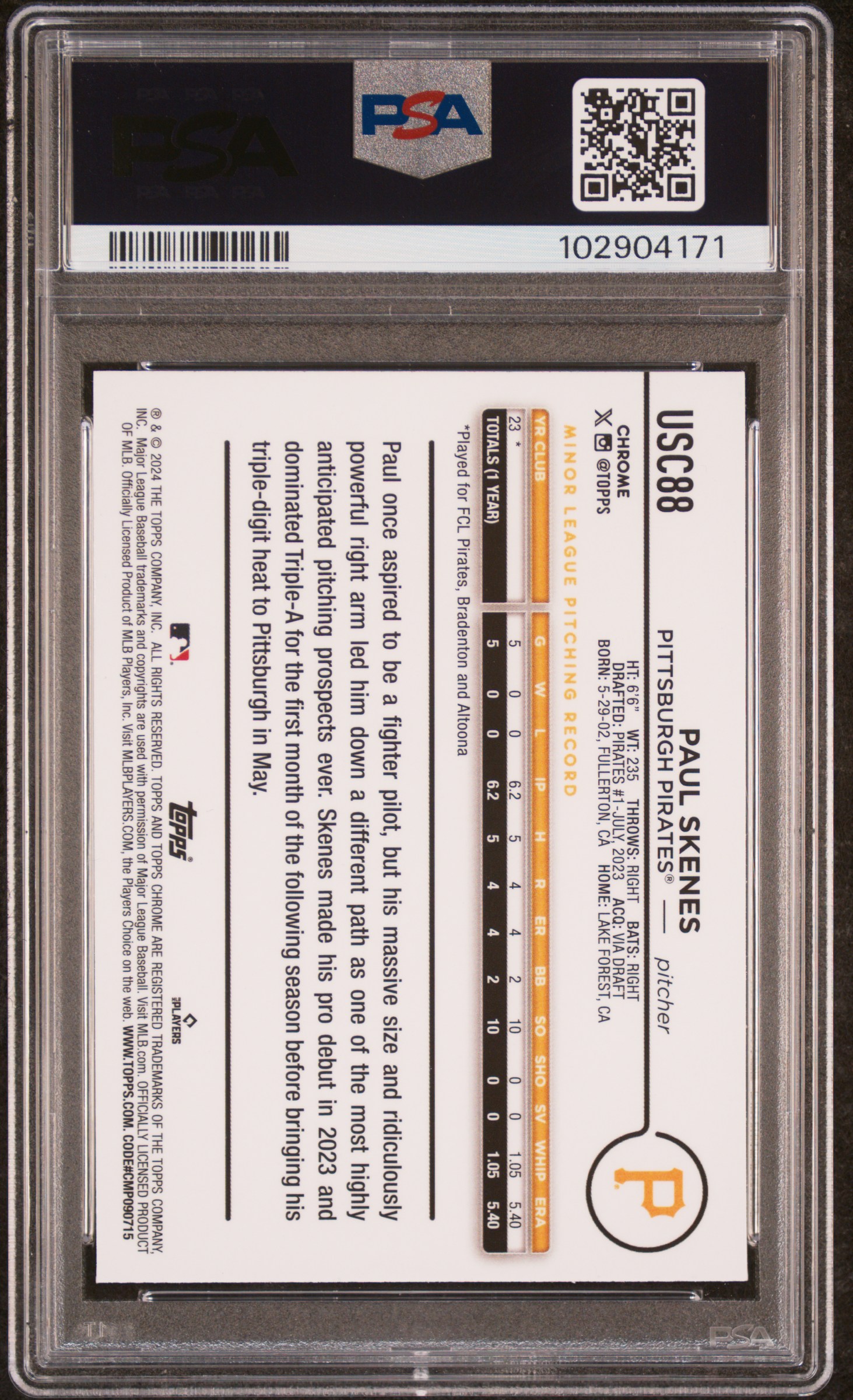 2024 Topps Chrome Update Paul Skenes #Usc88 (X-Fractor) Gem Mt 10 back