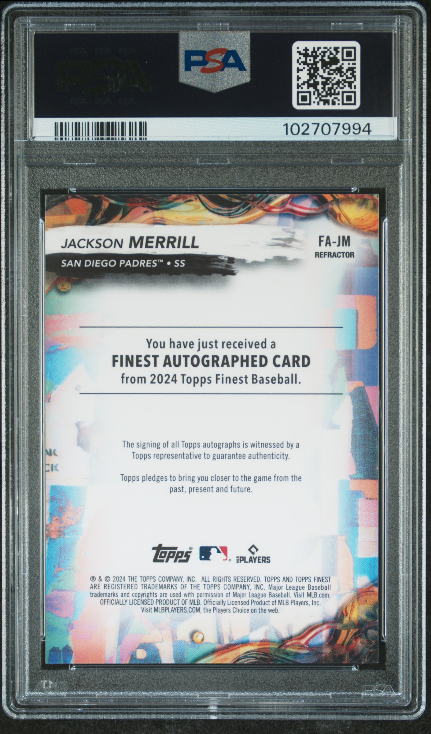 2024 Topps Finest Finest Autographs Jackson Merrill #Fajm (Autograph-Refractor) Gem Mt 10 back