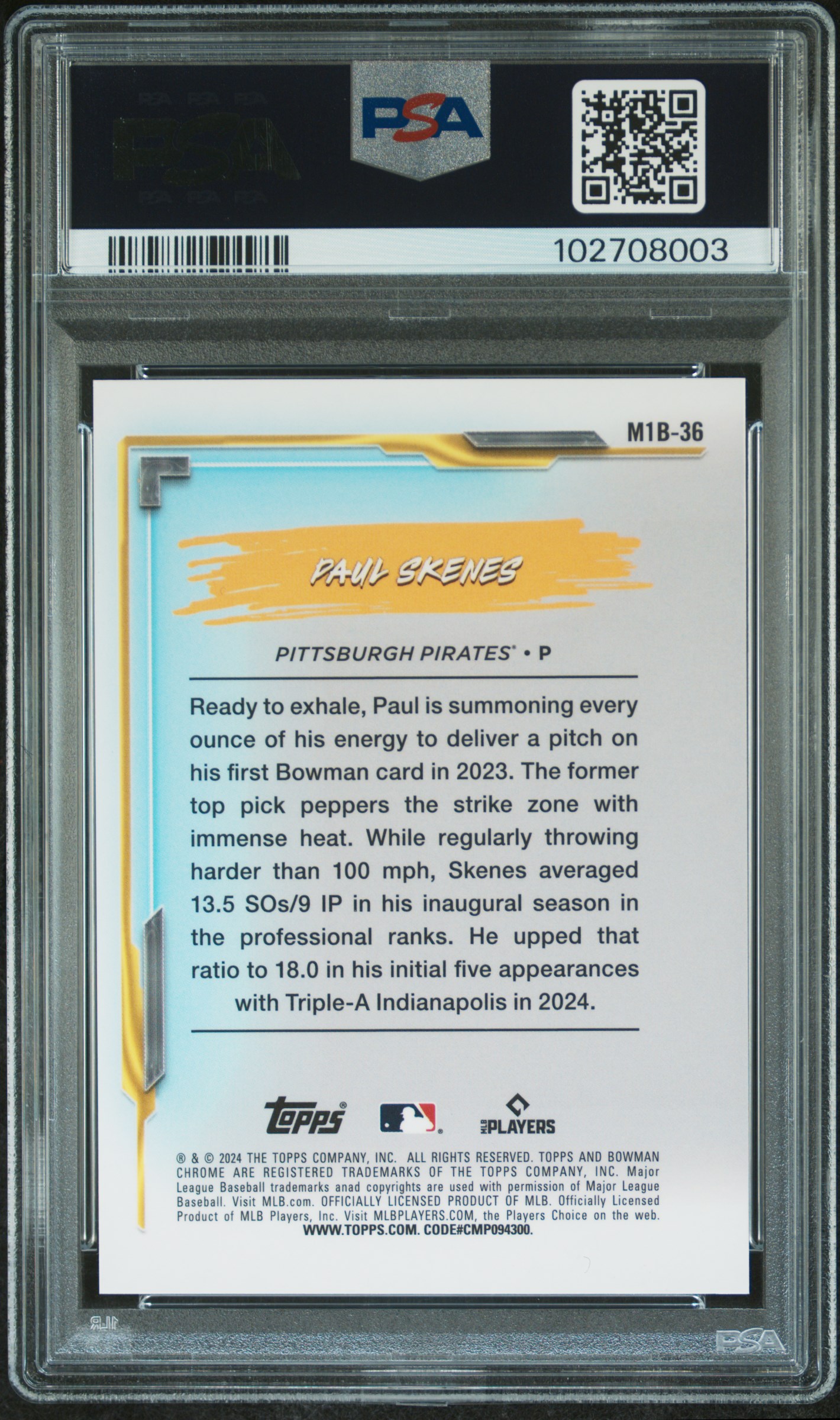 2024 Bowman Chrome Mega Box My 1St Bowman Paul Skenes #36 (My 1St Bowman-Yellow Ref) Gem Mt 10 back