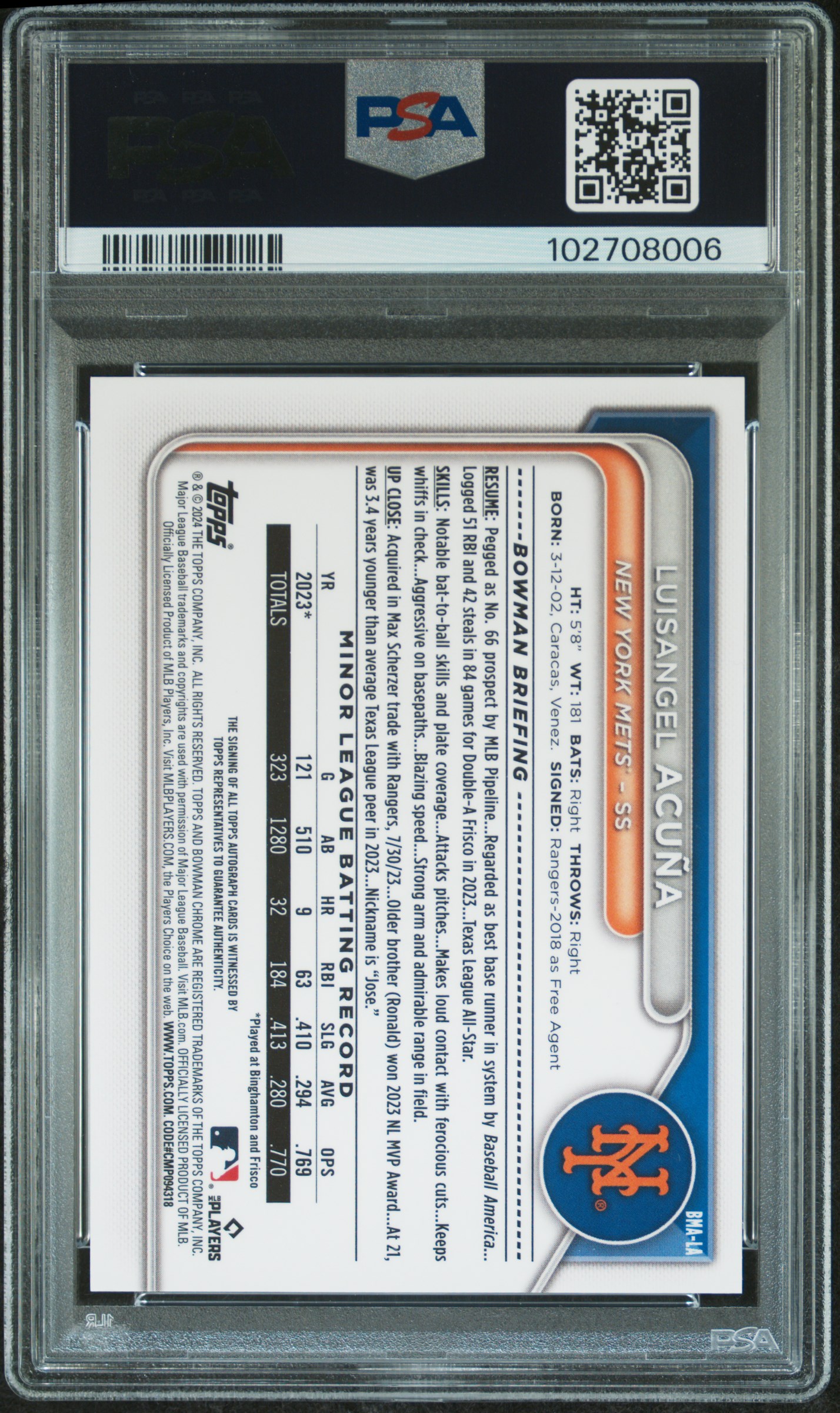 2024 Bowman Mega Box Chrome Bowman Prospect Mega Autographs Luisangel Acuna #La (Prospects Autograph) Gem Mt 10 back