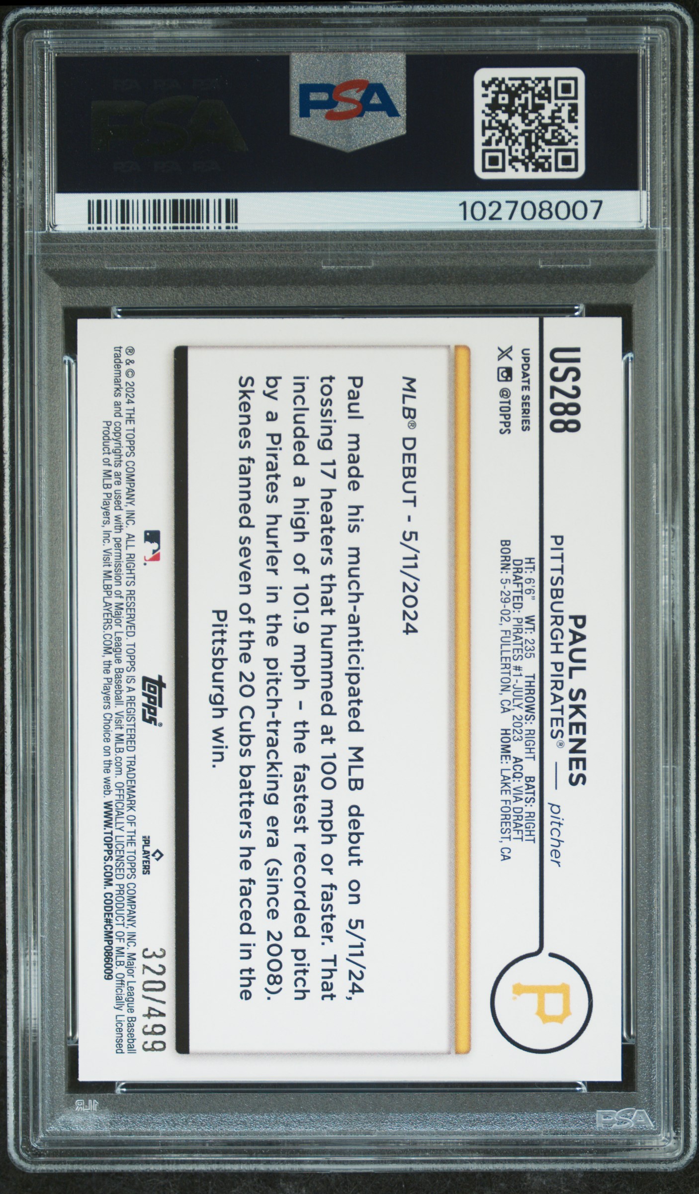 2024 Topps Update Paul Skenes #Us288 (Green Crackle Foil Board) Gem Mt 10 back