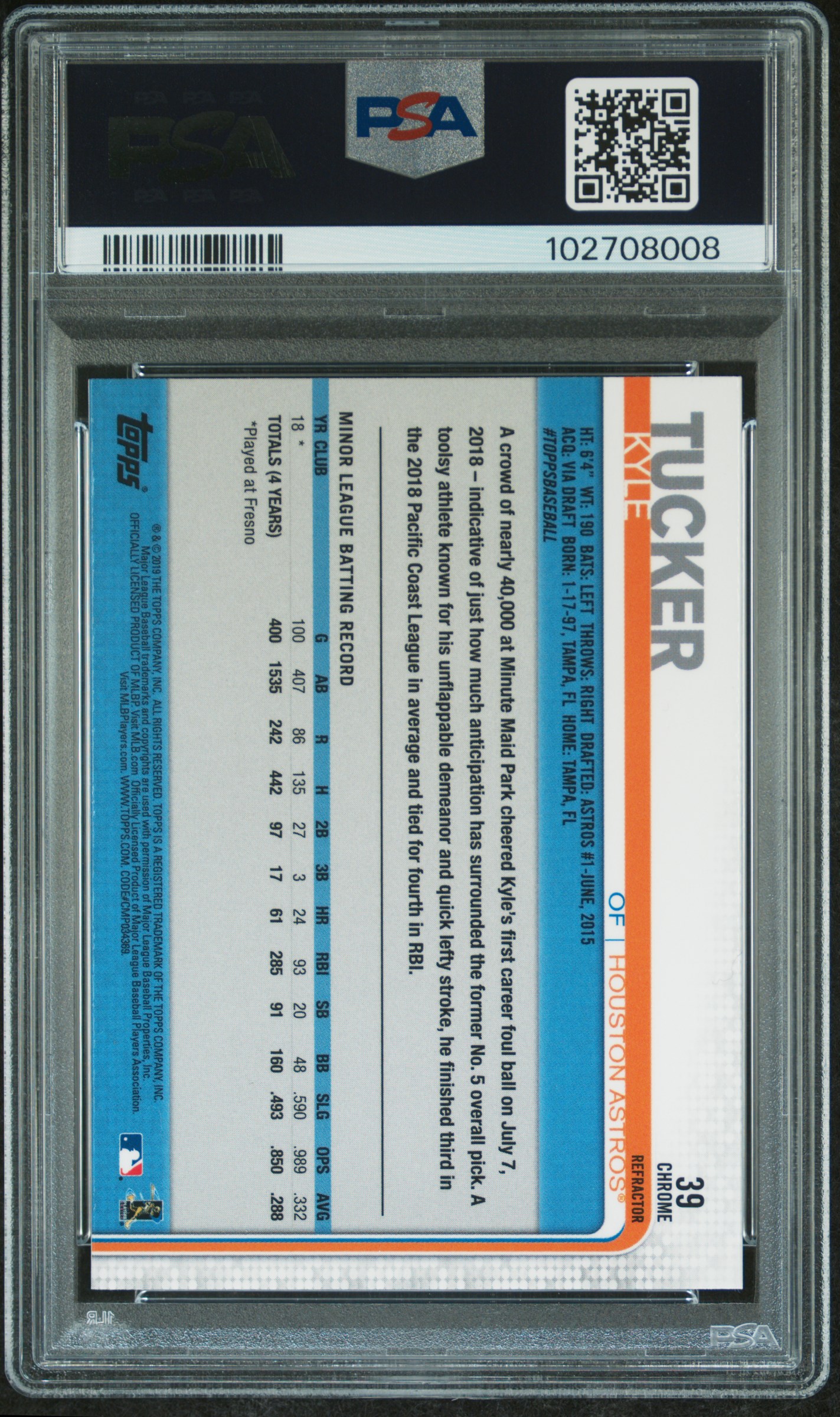 2019 Topps Chrome Kyle Tucker #39 (Running-Sepia Refractor) Gem Mt 10 back