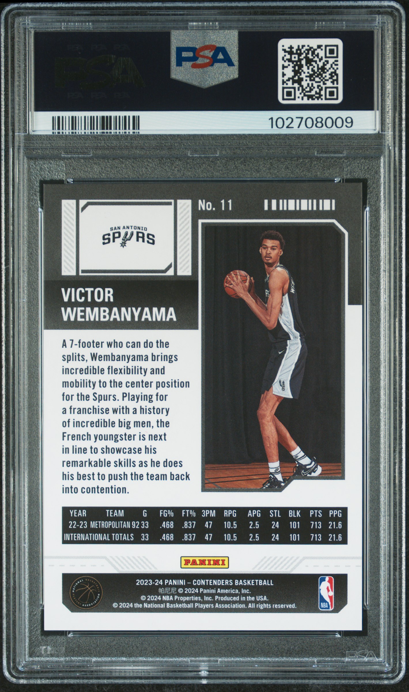 2023 Panini Contenders Victor Wembanyama #11 (Playoff) Gem Mt 10 back