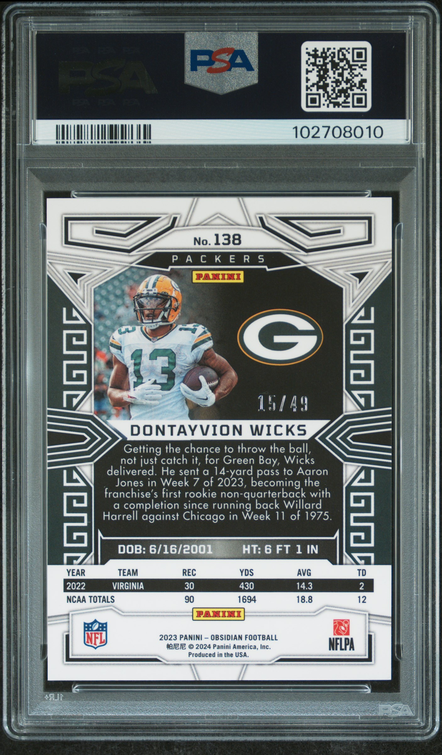 2023 Panini Obsidian Dontayvion Wicks #138 (Electric Etch Orange) Gem Mt 10 back