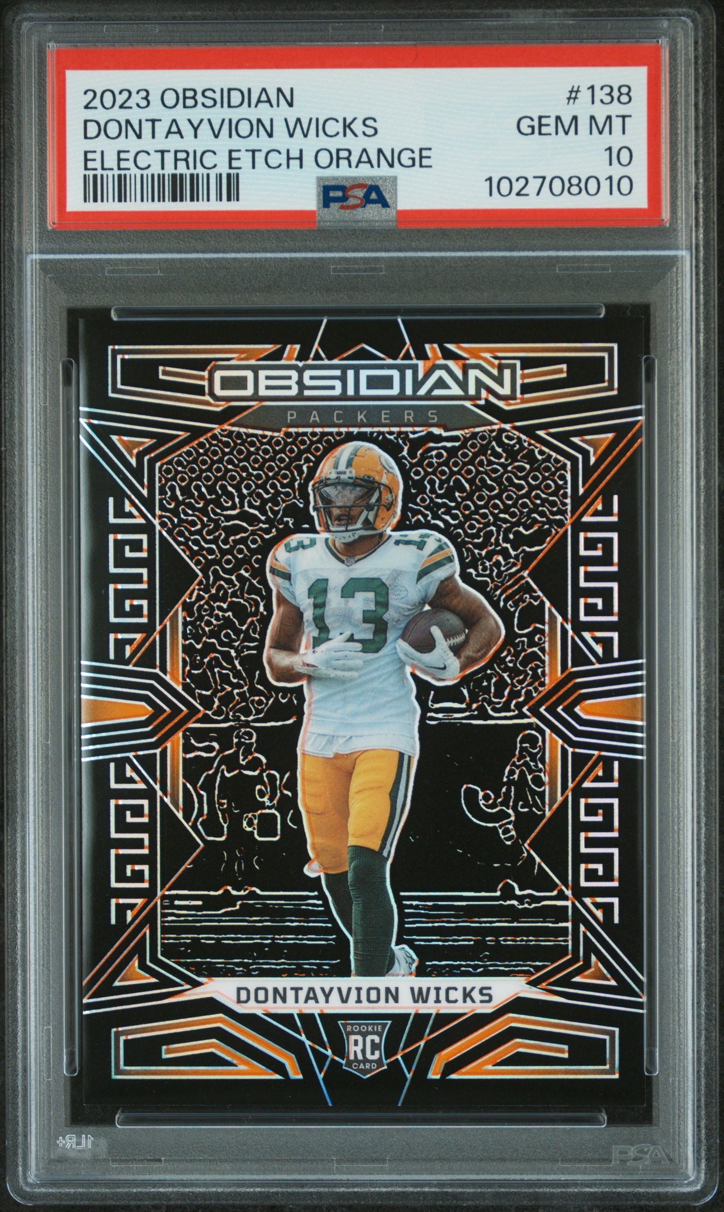 2023 Panini Obsidian Dontayvion Wicks #138 (Electric Etch Orange) Gem Mt 10 front