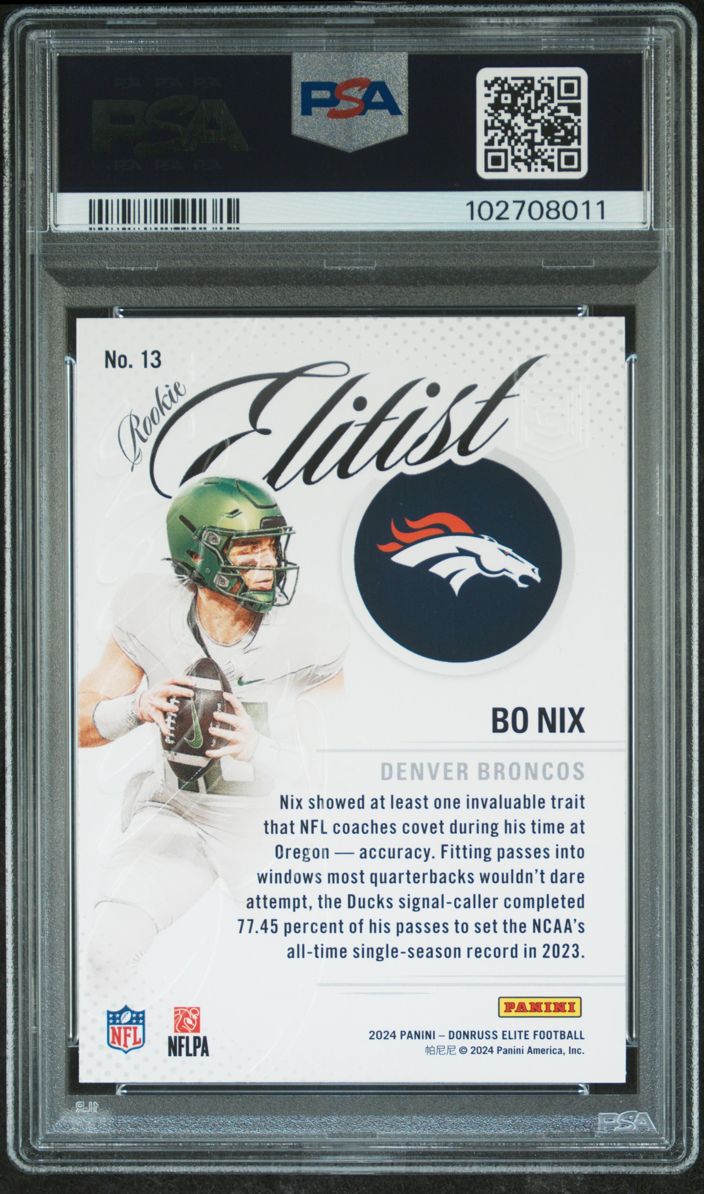 2024 Panini Donruss Elite Rookie Elitist Bo Nix #13 Gem Mt 10 back
