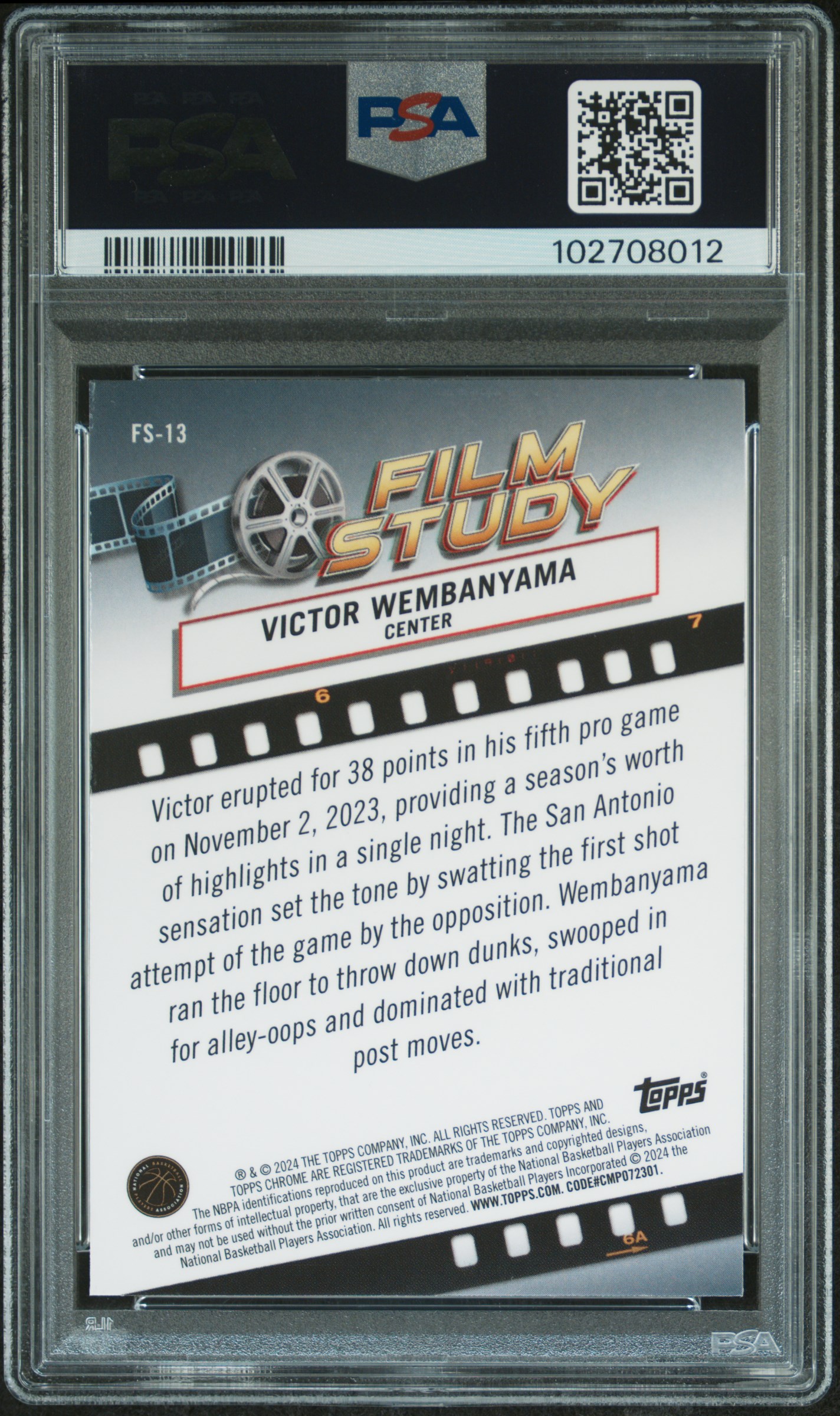 2023 Topps Chrome Film Study Victor Wembanyama #Fs13 Gem Mt 10 back