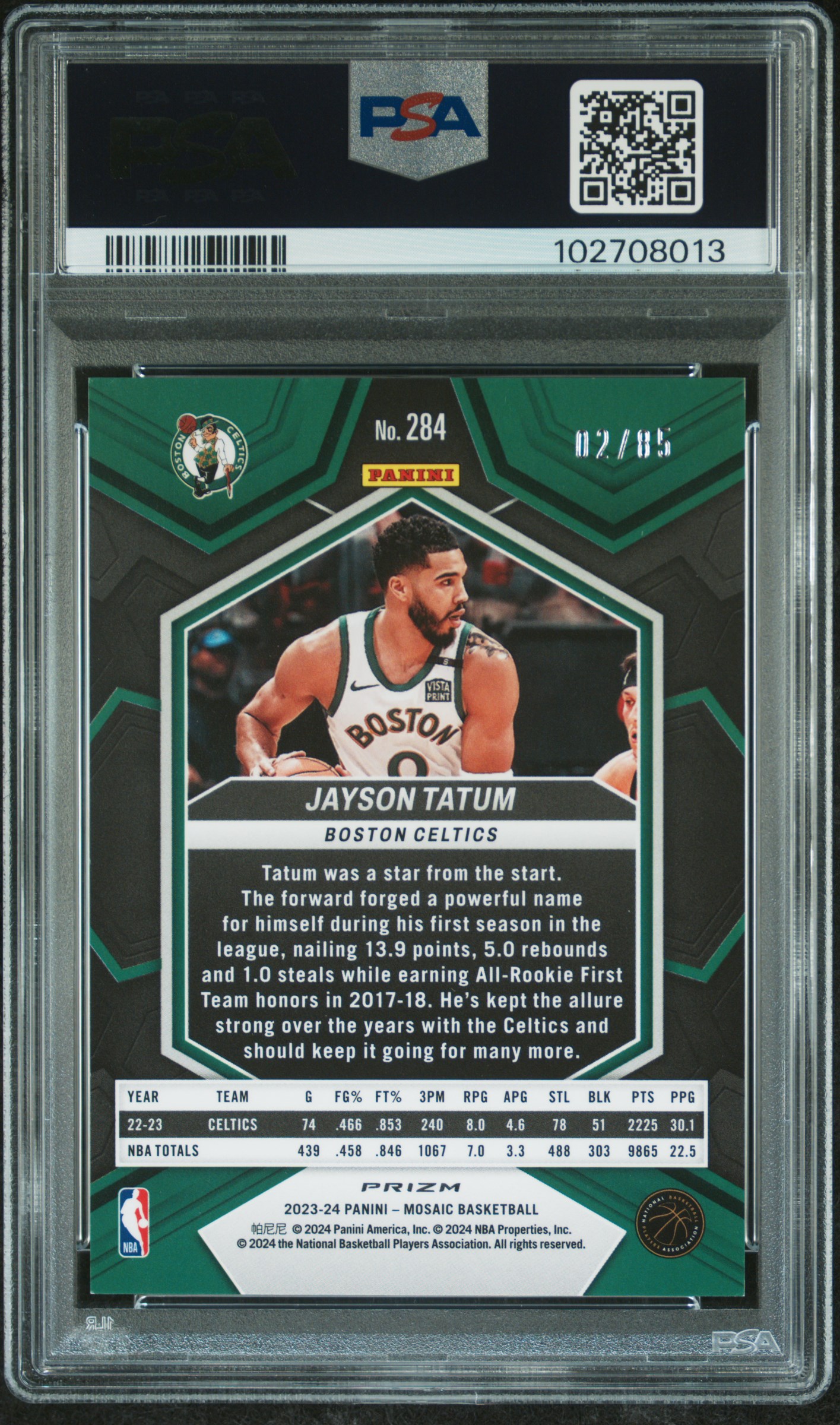 2023 Panini Mosaic Jayson Tatum #284 (Blue Fast Break) Mint 9 back