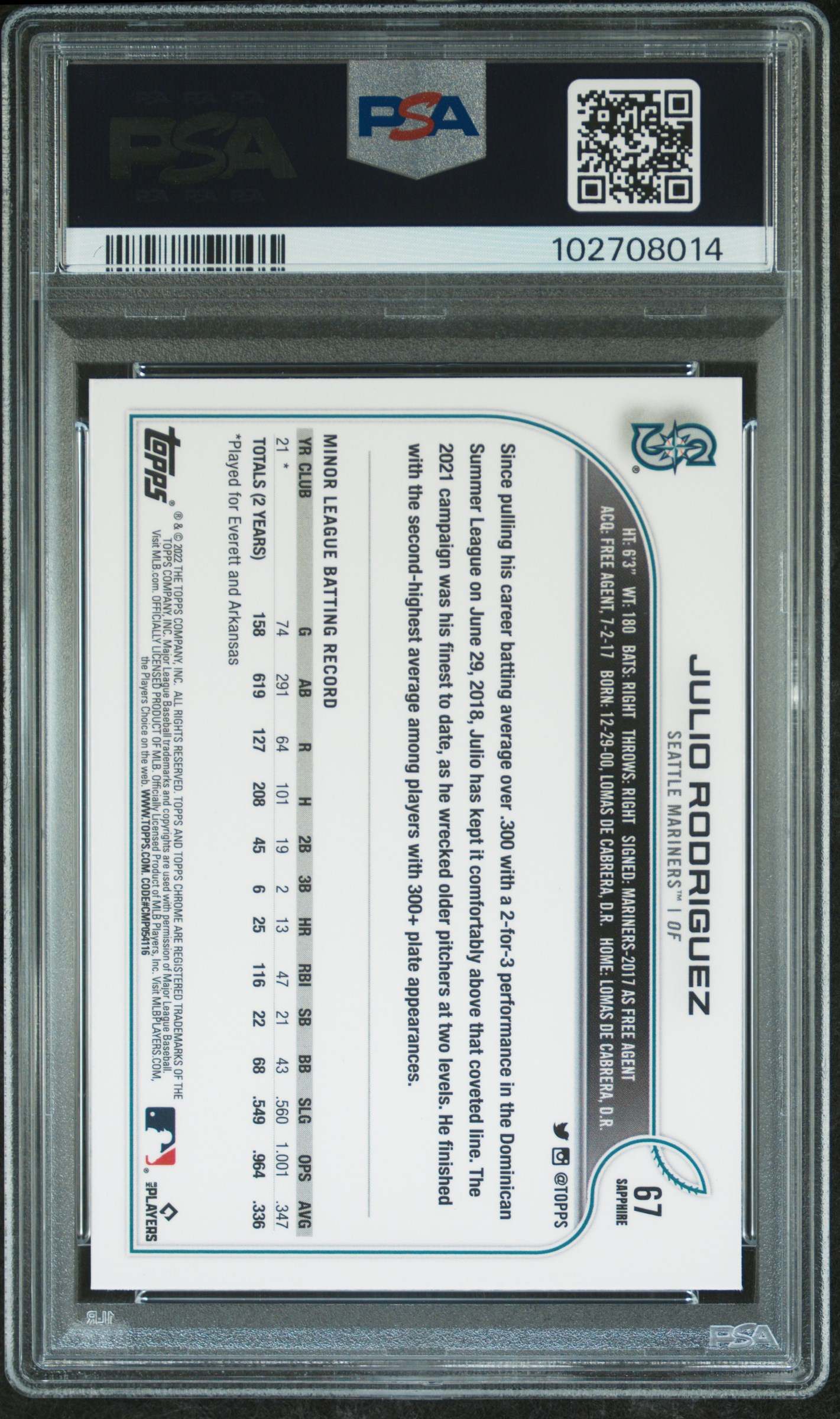 2022 Topps Chrome Sapphire Edition Julio Rodriguez #67 (Sapphire Edition) Gem Mt 10 back