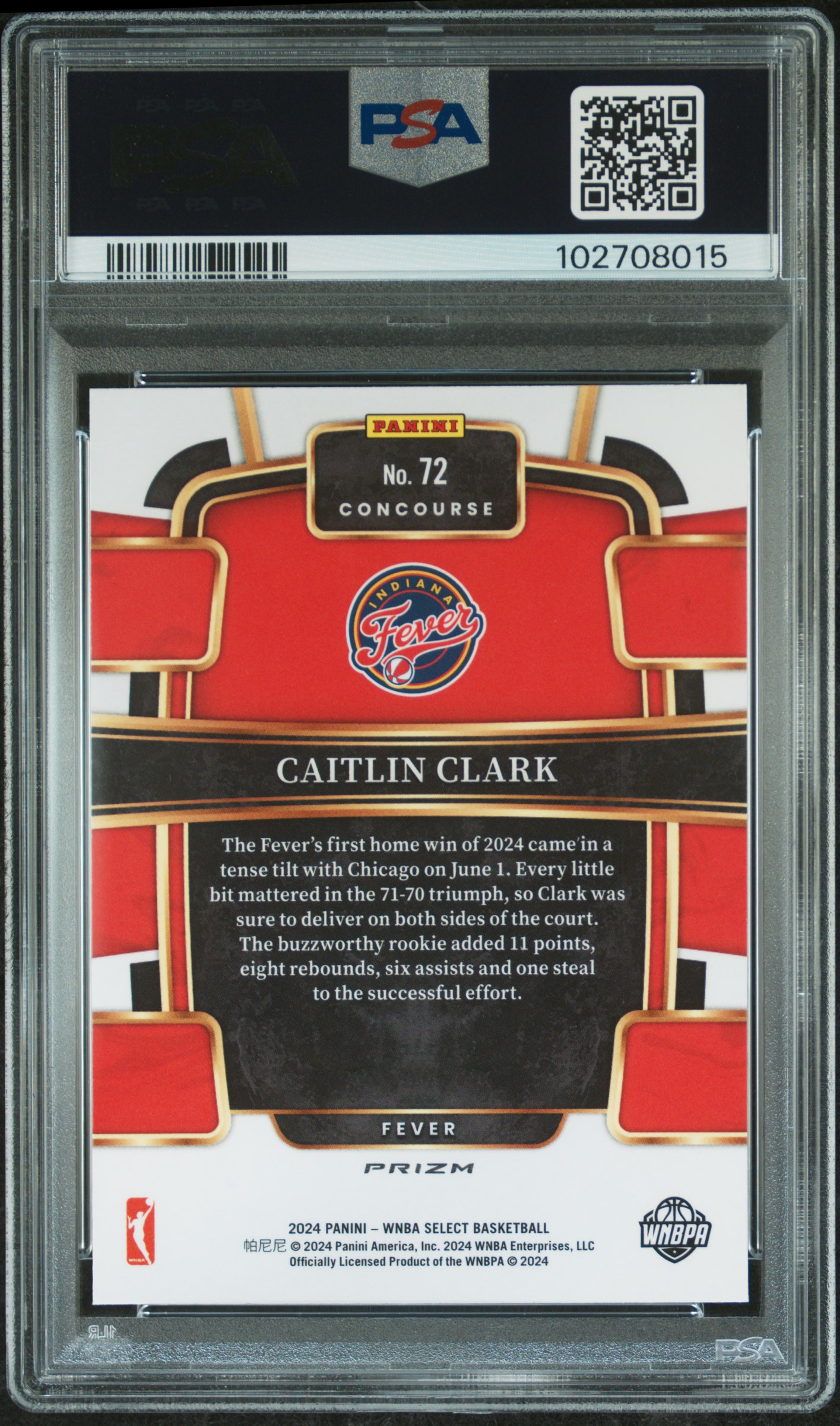 2024 Panini Select Wnba Caitlin Clark #72 (Silver Prizm) Gem Mt 10 back