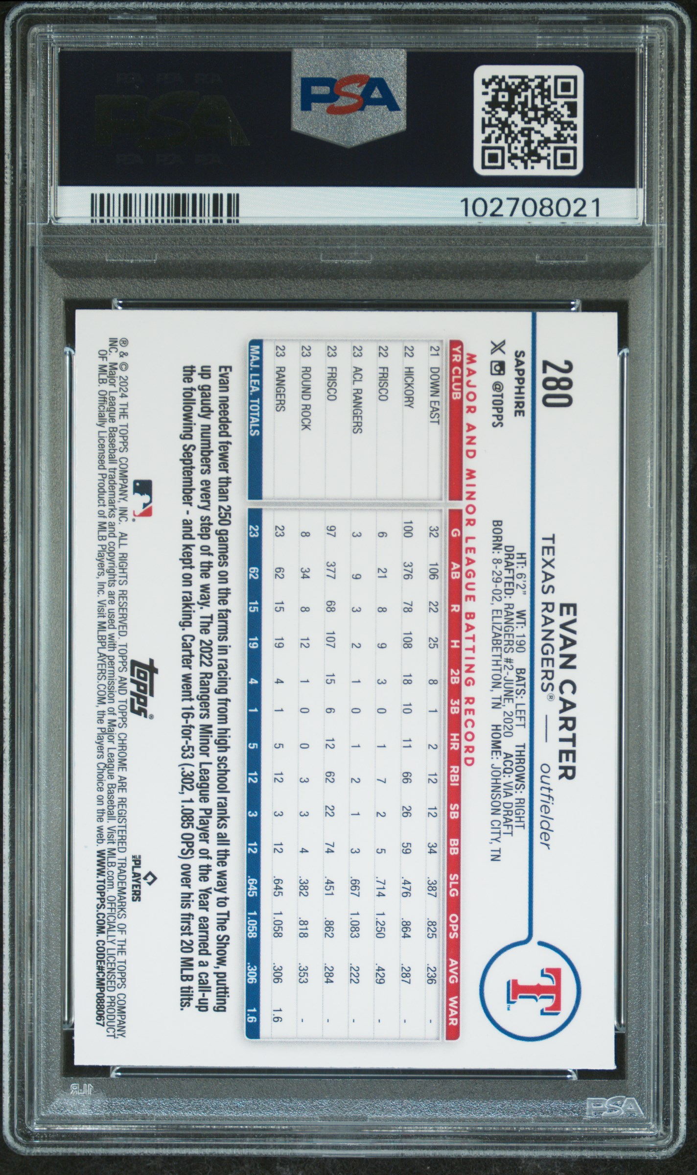 2024 Topps Chrome Sapphire Evan Carter #280 (Gold) Nm-Mt 8 back