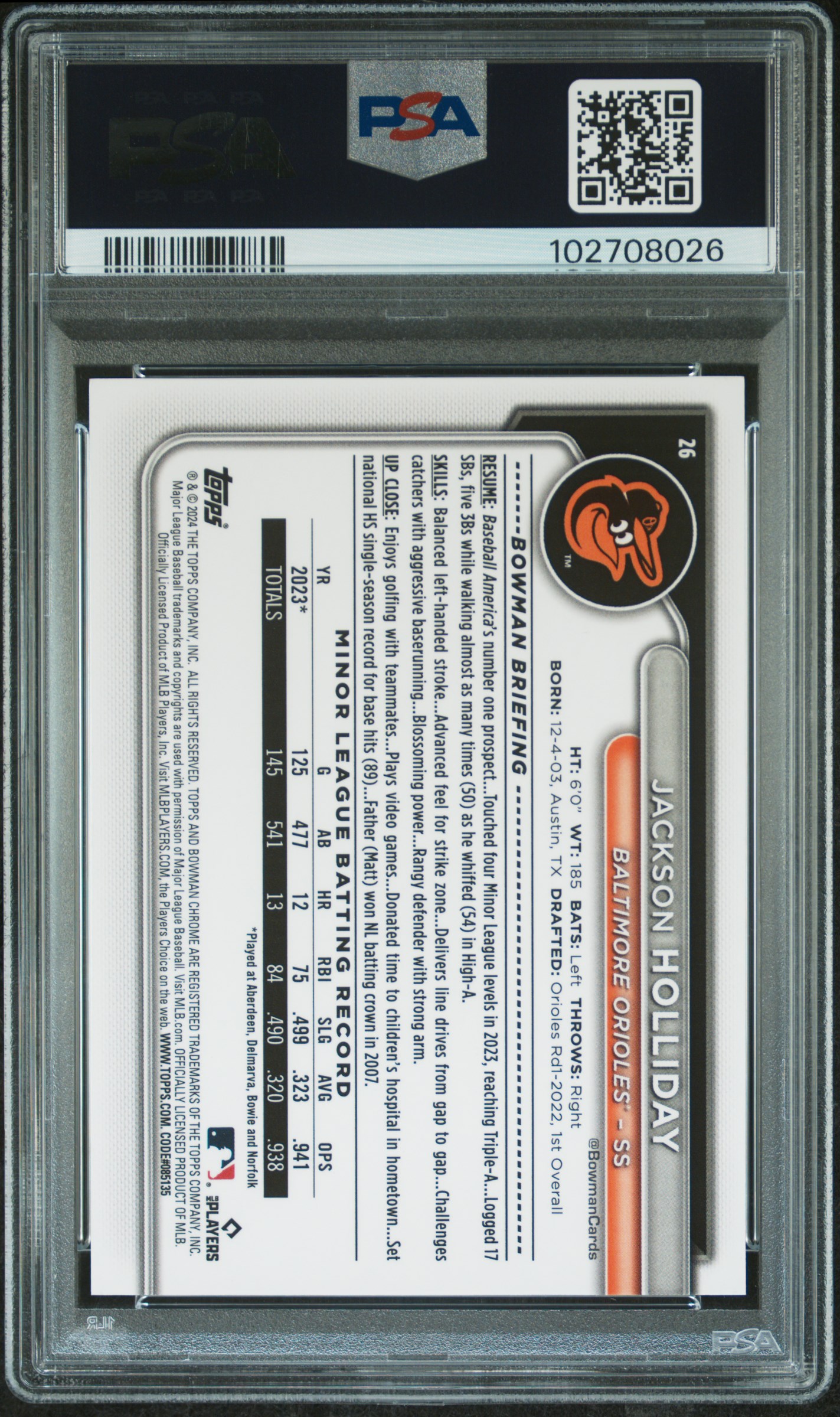 2024 Bowman Chrome Sapphire Edition Jackson Holliday #26 (Image Variation) Mint 9 back