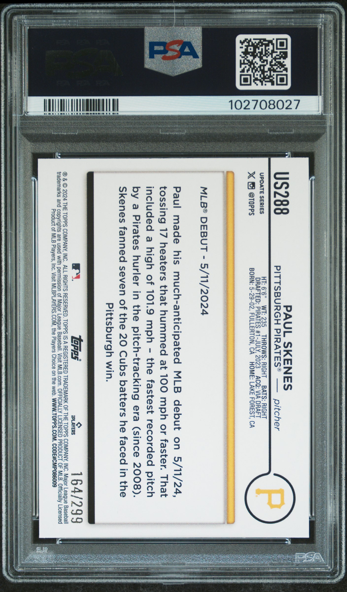 2024 Topps Update Paul Skenes #Us288 (Orange Crackle Foil Board) Mint 9 back