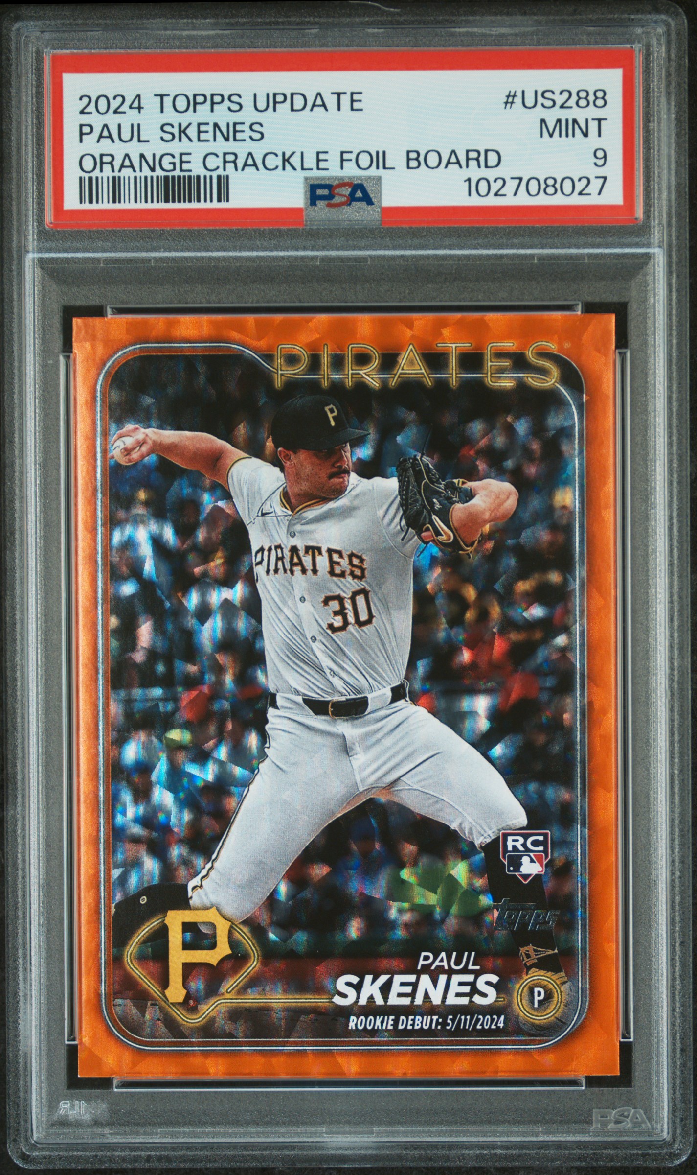 2024 Topps Update Paul Skenes #Us288 (Orange Crackle Foil Board) Mint 9 front