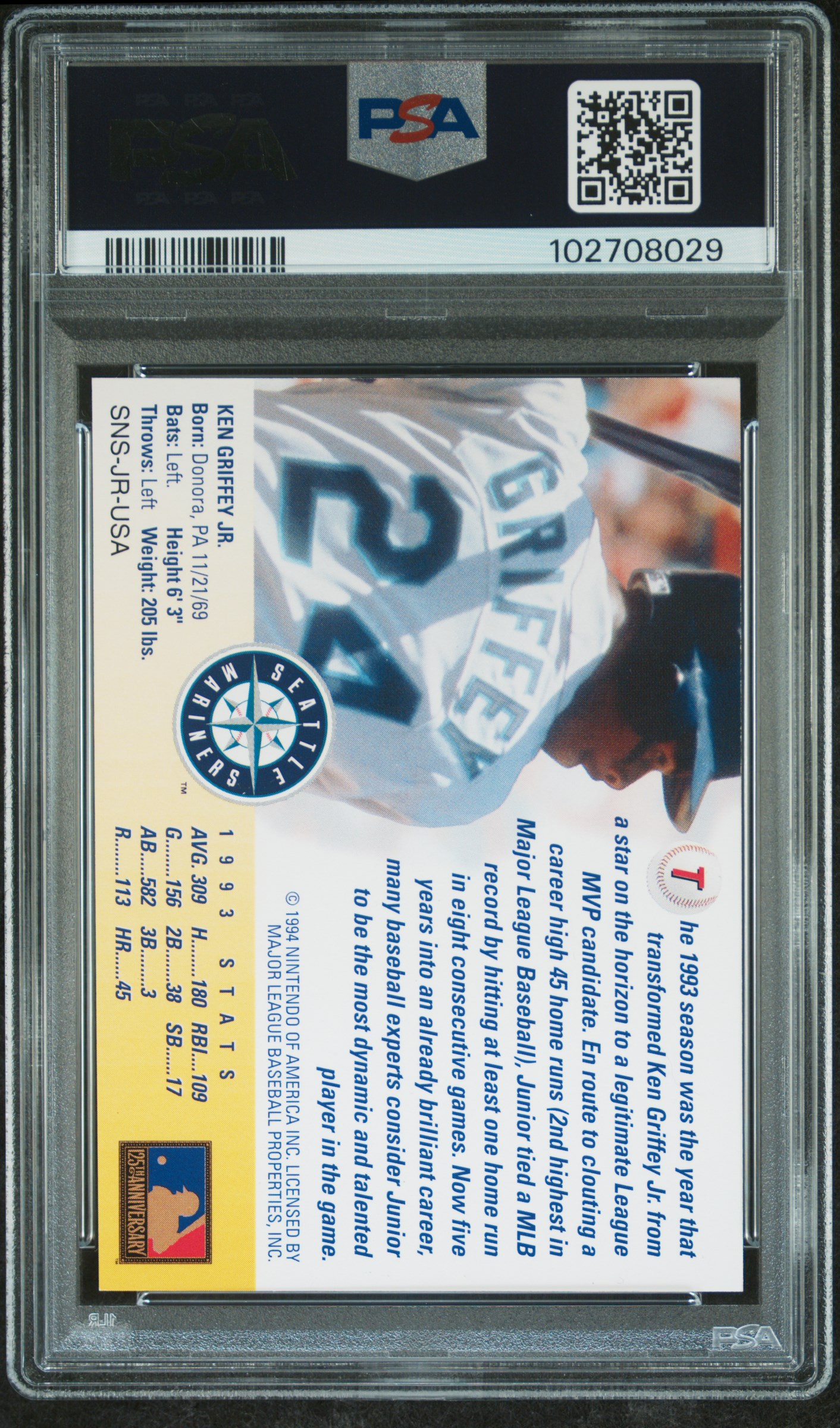 1994 Nintendo Ken Griffey Jr. Ken Griffey Jr. Gem Mt 10 back