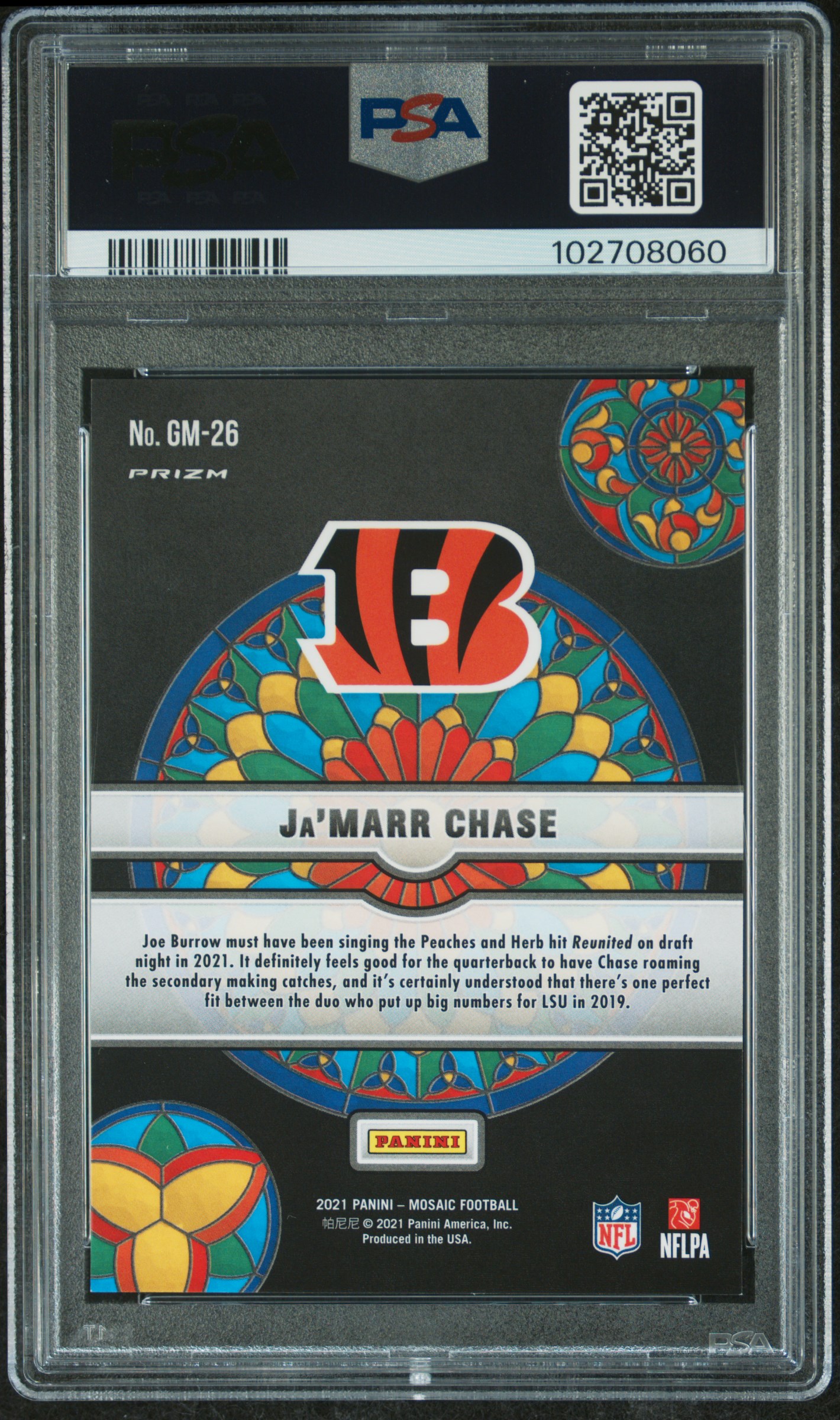 2021 Panini Mosaic Glass Mosaic Ja'marr Chase #Gm26 (Glass Mosaic) Mint 9 back