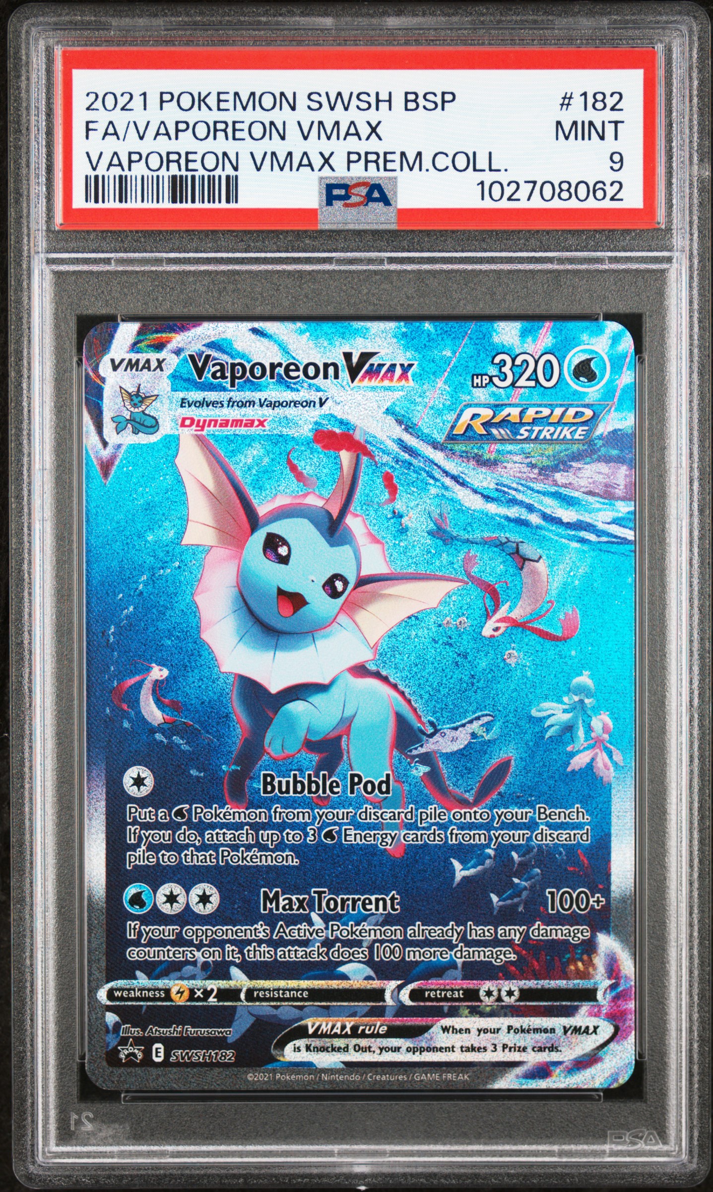2021 Pokemon Swsh Black Star Promo Fa/Vaporeon Vmax #182 (Vaporeon Vmax Prem.coll.) Mint 9 front