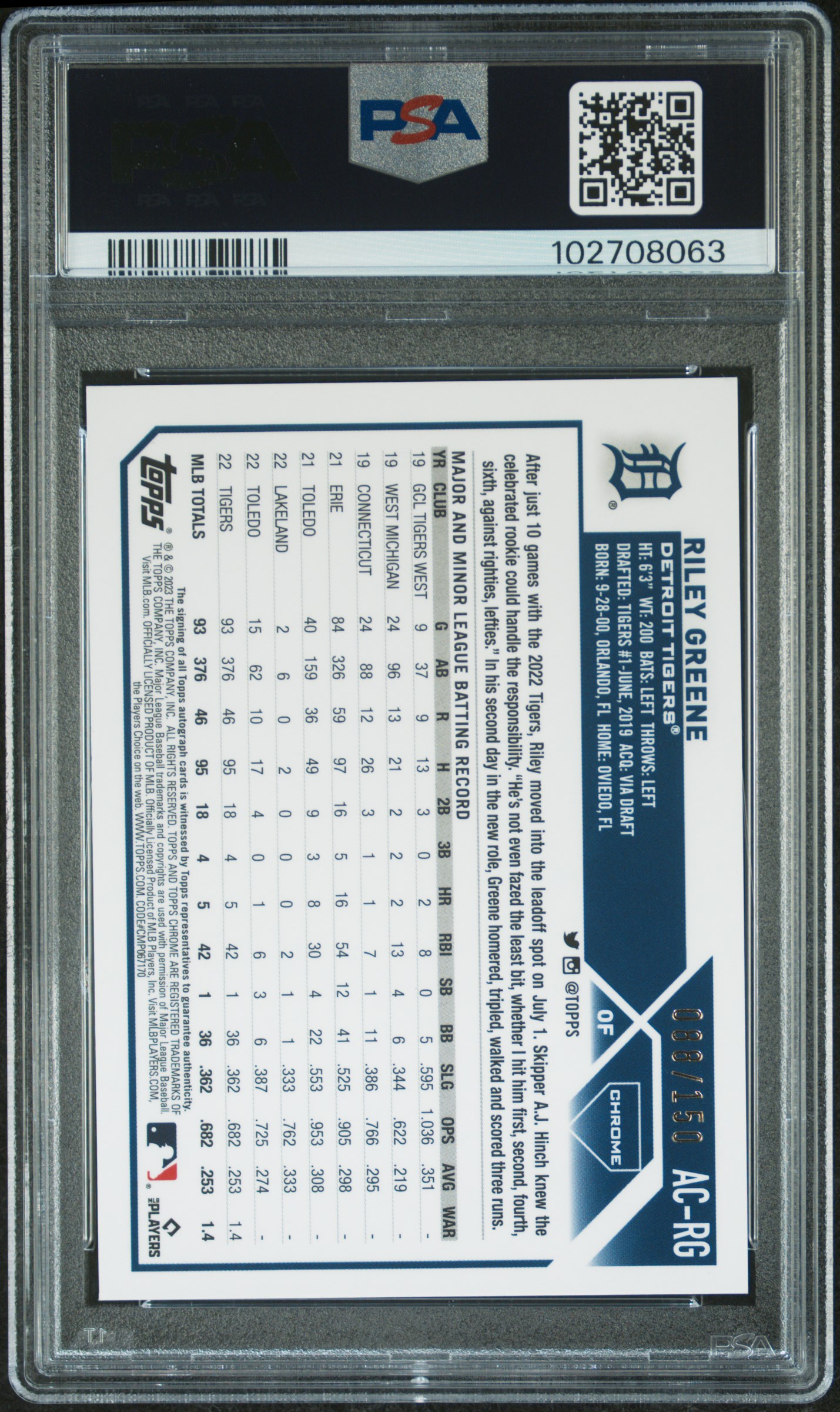 2023 Topps Chrome Update Autograph Riley Greene #Acrg (Autograph-Blue Raywave Ref) Gem Mt 10 back