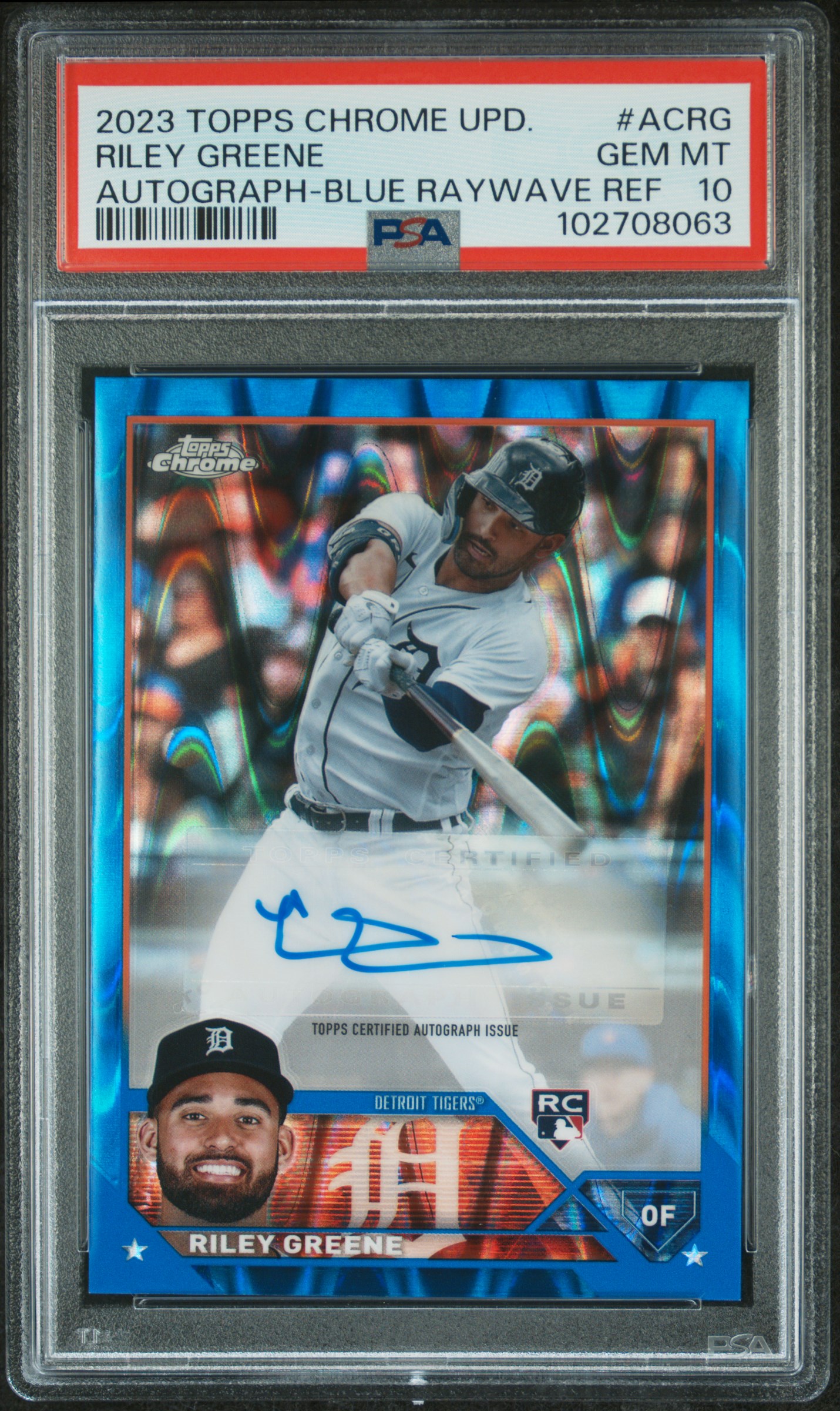 2023 Topps Chrome Update Autograph Riley Greene #Acrg (Autograph-Blue Raywave Ref) Gem Mt 10 front
