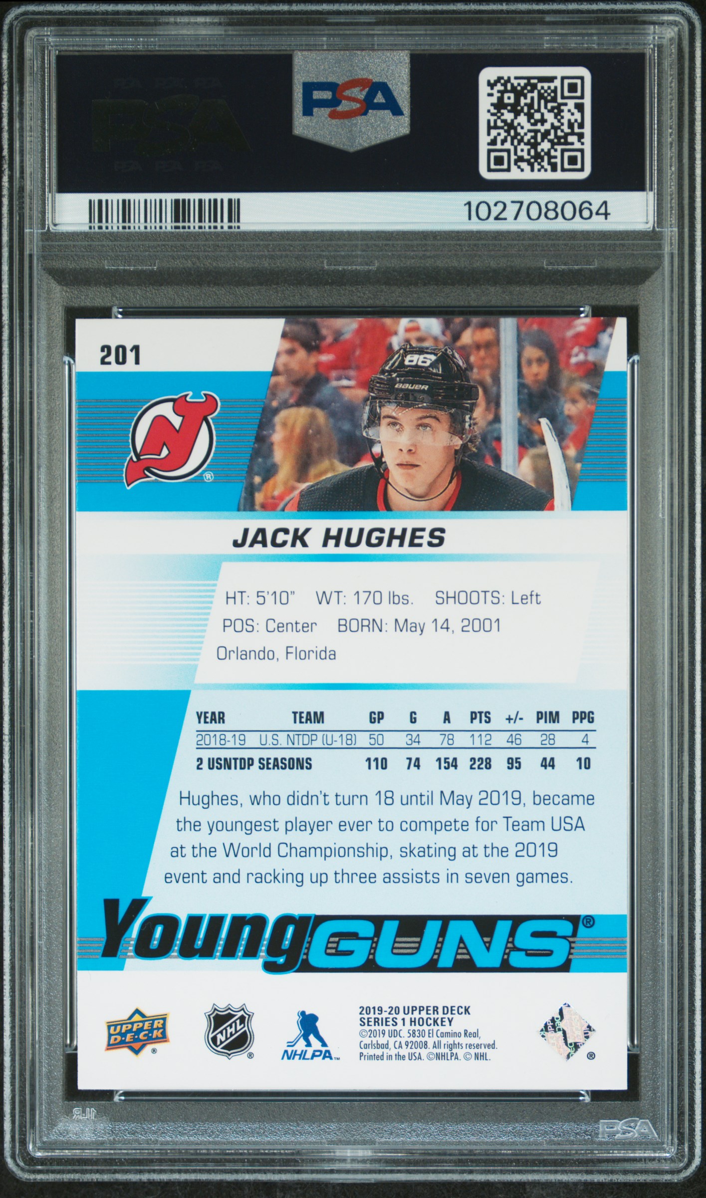 2019 Upper Deck Jack Hughes #201 Gem Mt 10 back