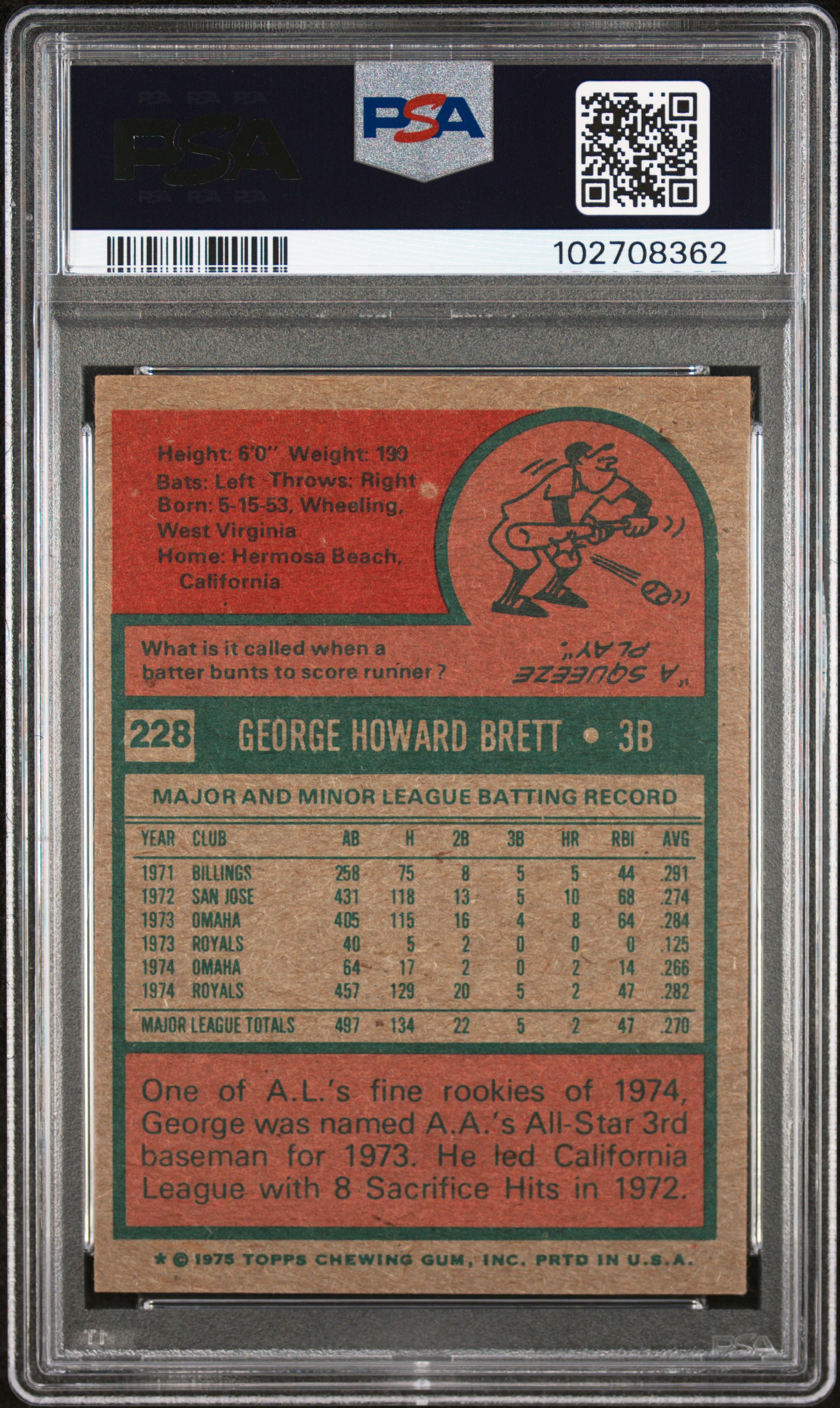 1975 Topps George Brett #228 Ex 5 back