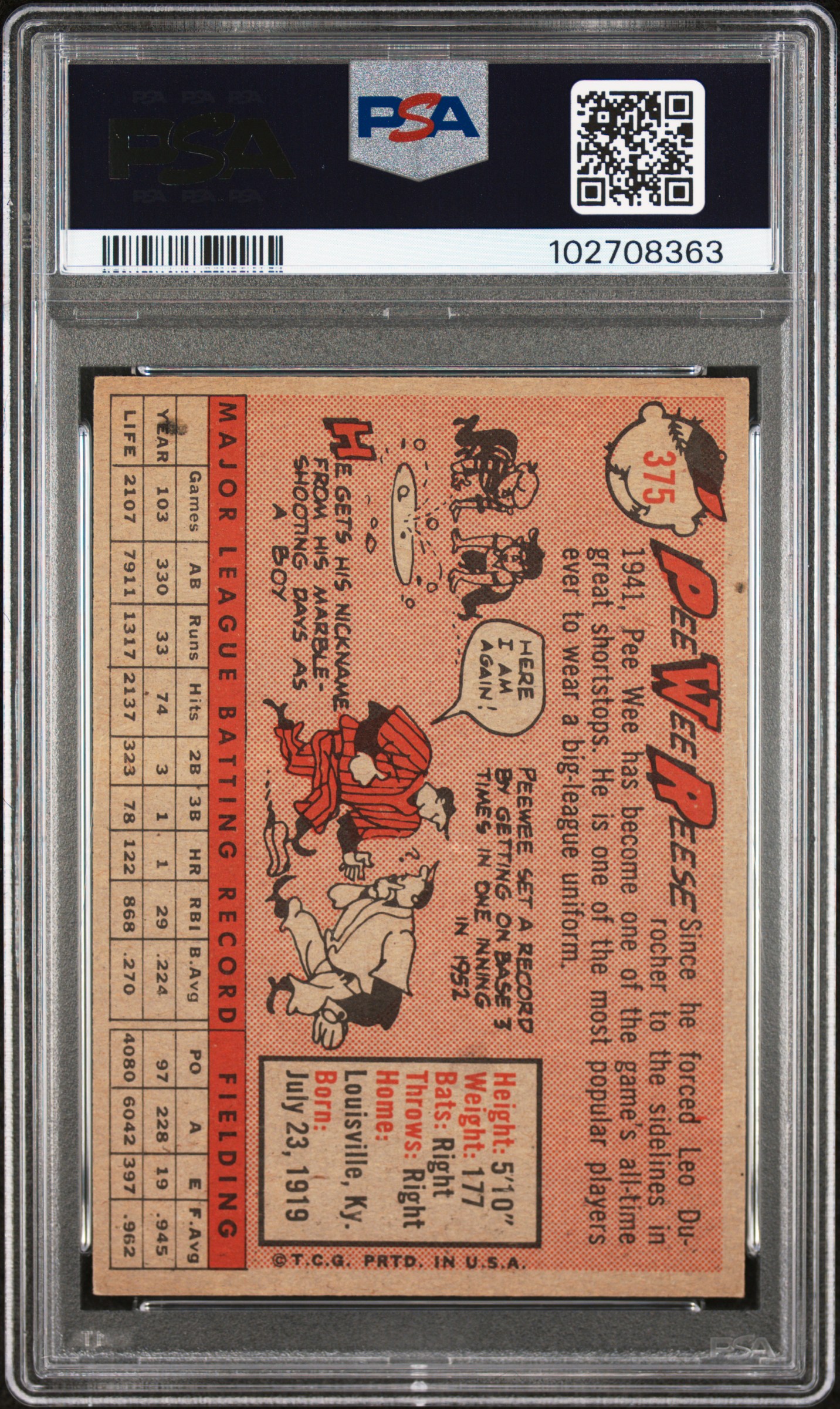 1958 Topps Pee Wee Reese #375 Ex 5 back