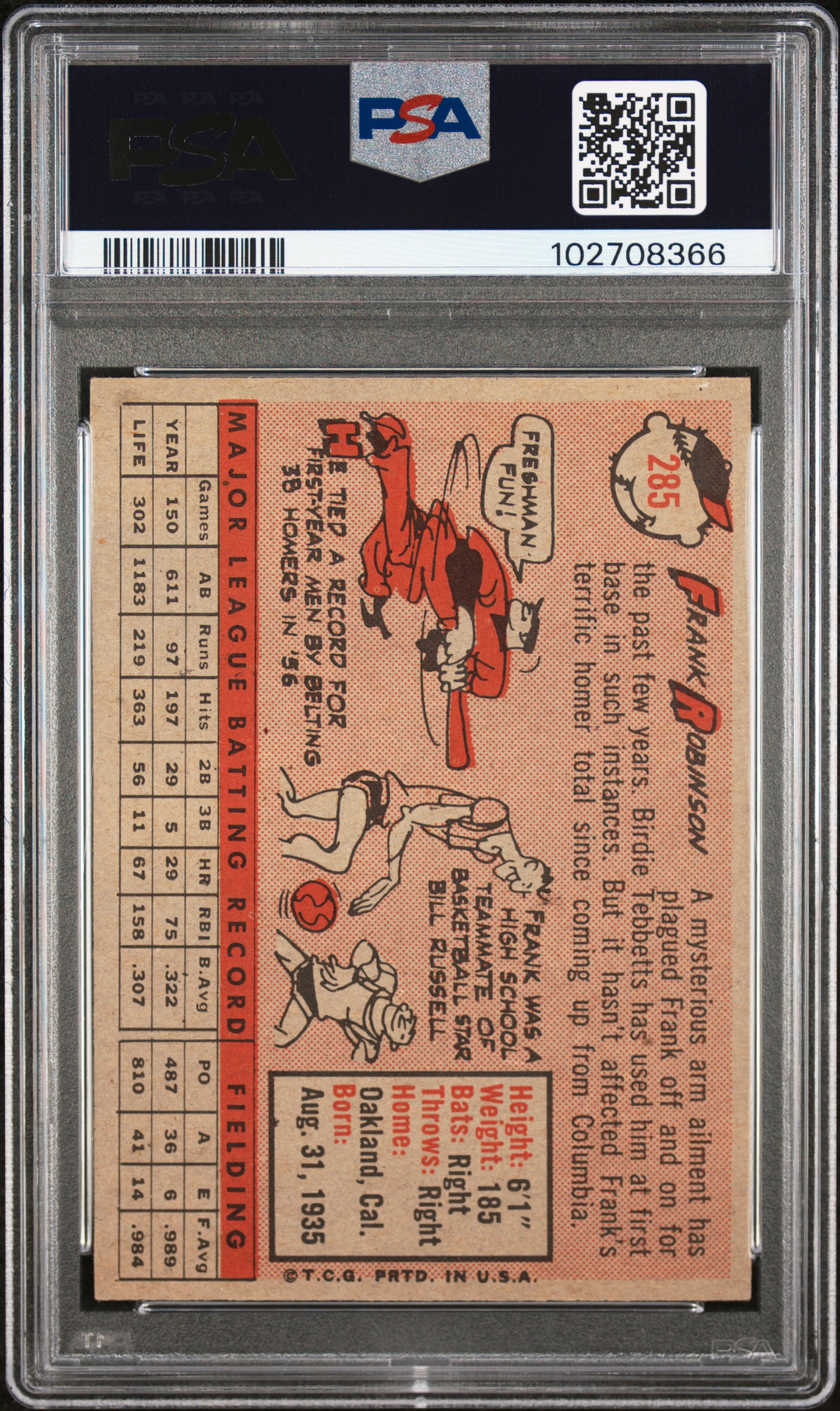 1958 Topps Frank Robinson #285 Ex-Mt 6 back