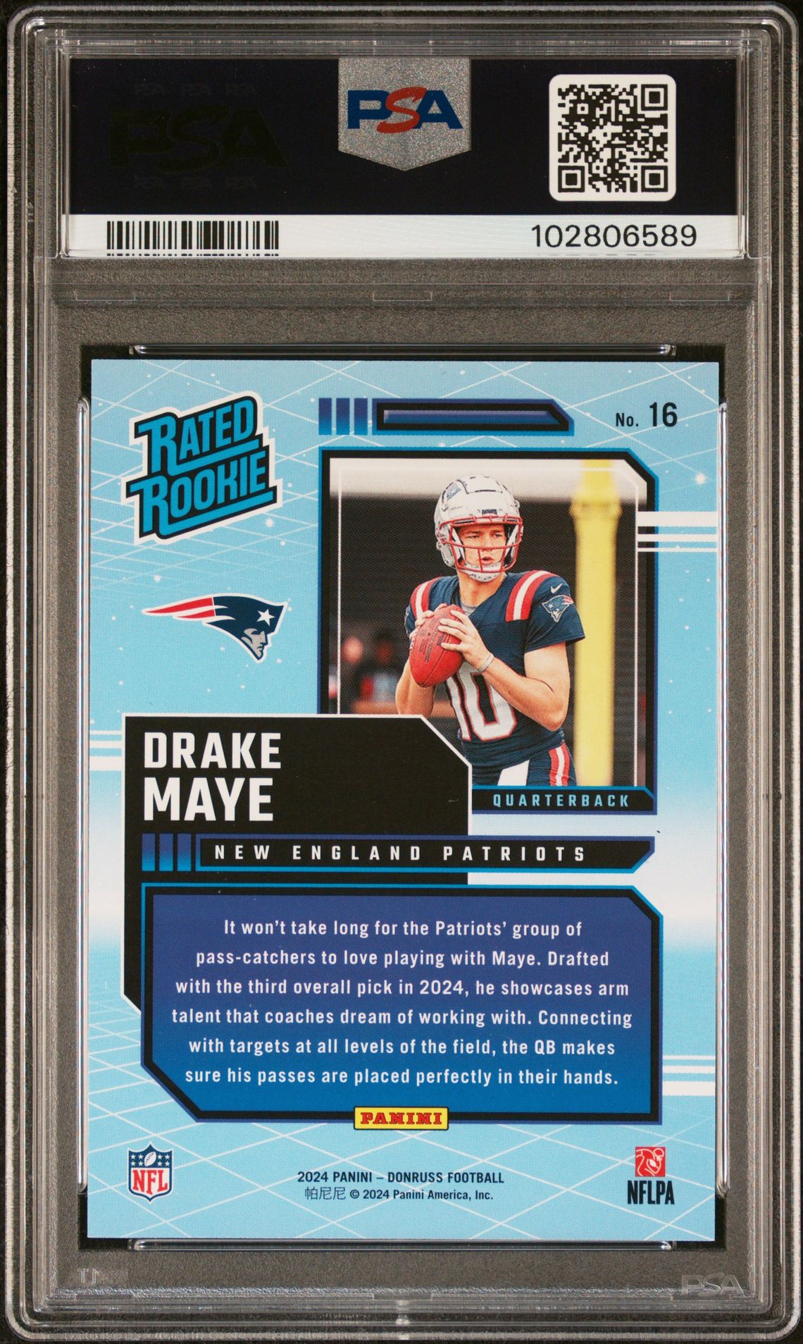2024 Panini Donruss Rated Rookies Retro Drake Maye #16 Gem Mt 10 back view - PSA certificate #102806589