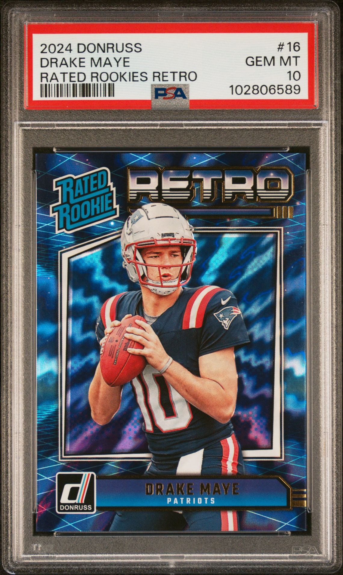 2024 Panini Donruss Rated Rookies Retro Drake Maye #16 Gem Mt 10 front view - PSA graded GEM MT 10