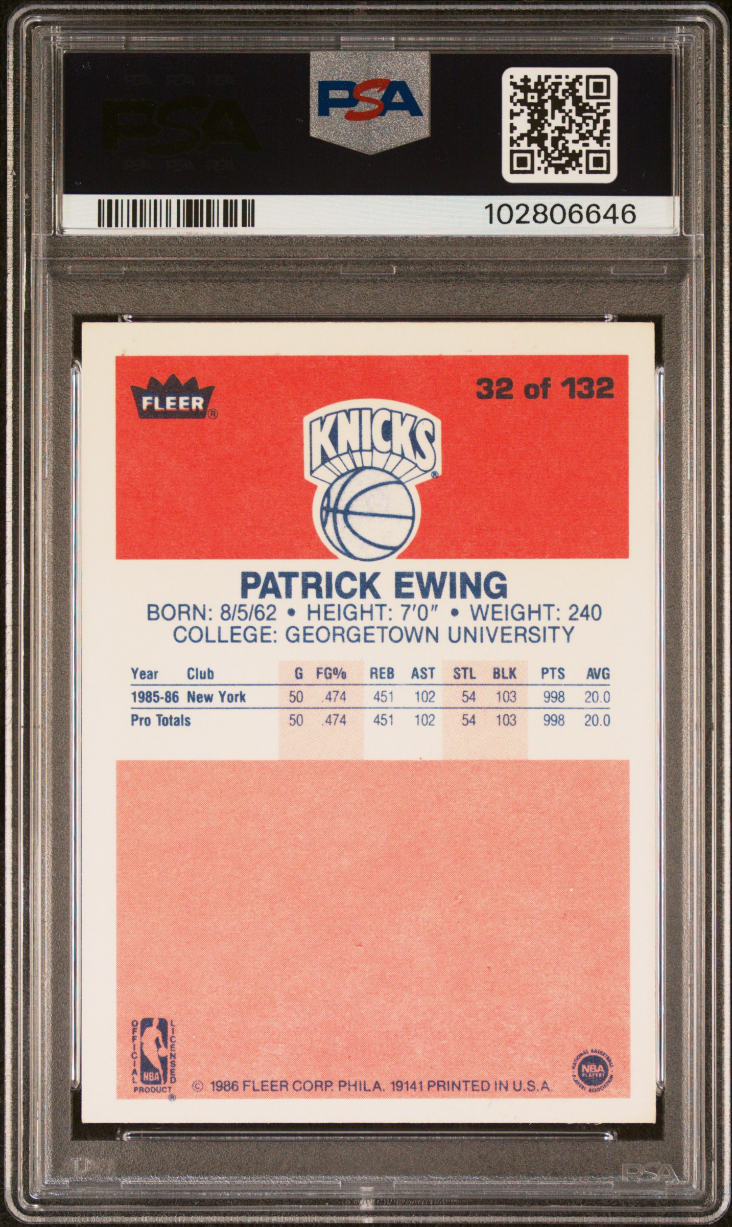 1986 Fleer Patrick Ewing #32 Ex-Mt 6 back