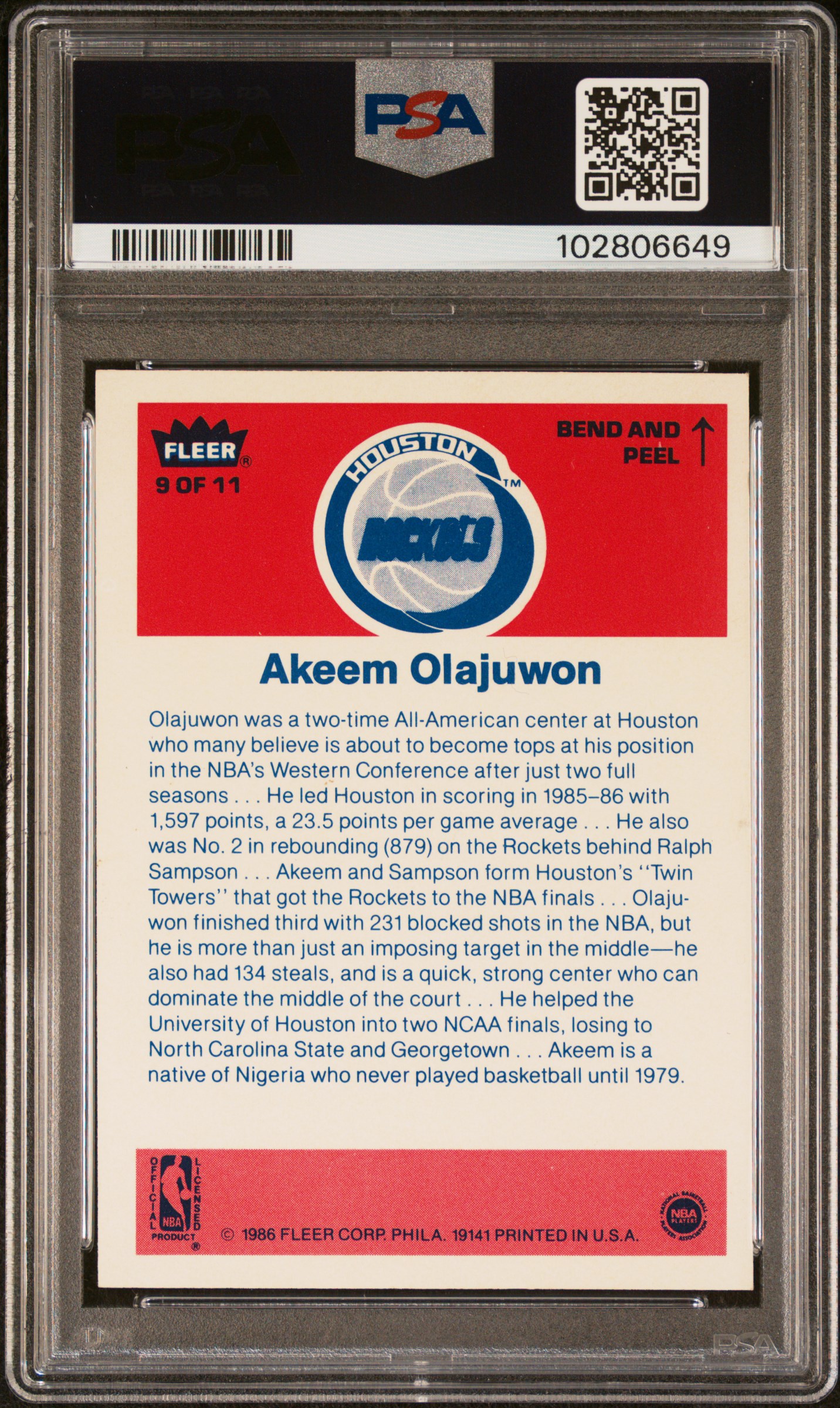 1986 Fleer Sticker Akeem Olajuwon #9 Nm 7 back