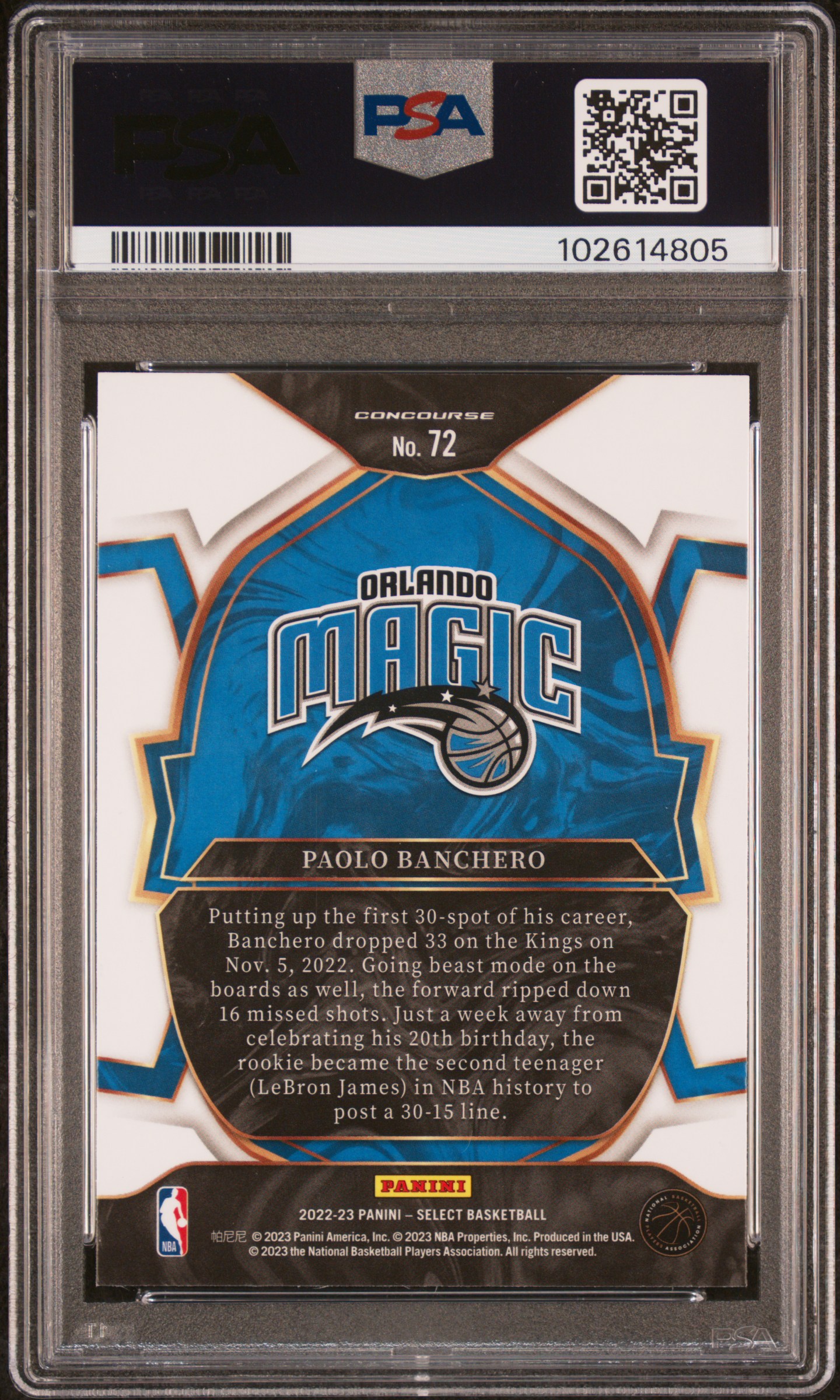 2022 Panini Select Paolo Banchero #72 (Blue) Gem Mt 10 back