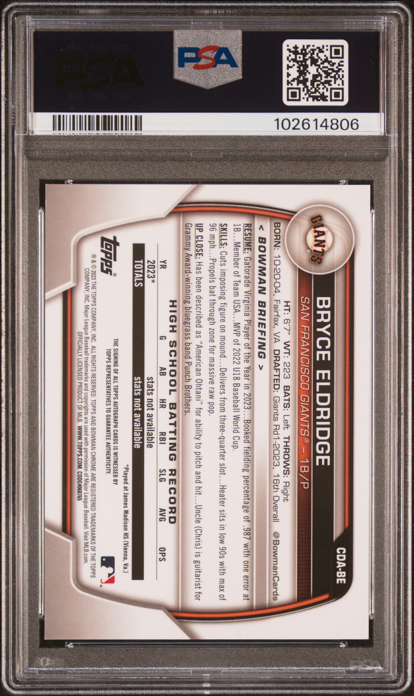 2023 Bowman Draft Chrome Prospect Autograph Bryce Eldridge #Cdabe Mint 9 back