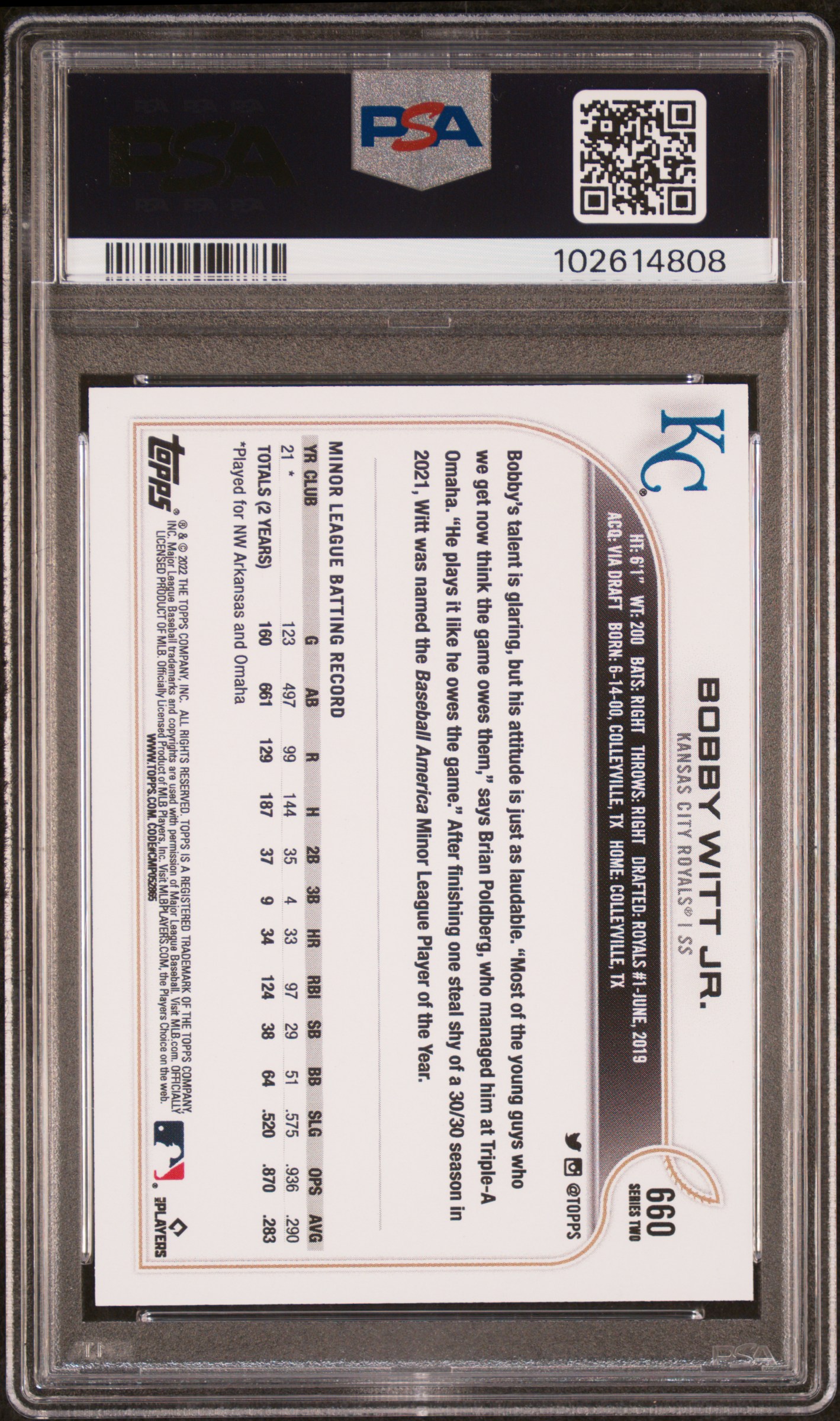 2022 Topps Bobby Witt Jr. #660 (Sp) Mint 9 back