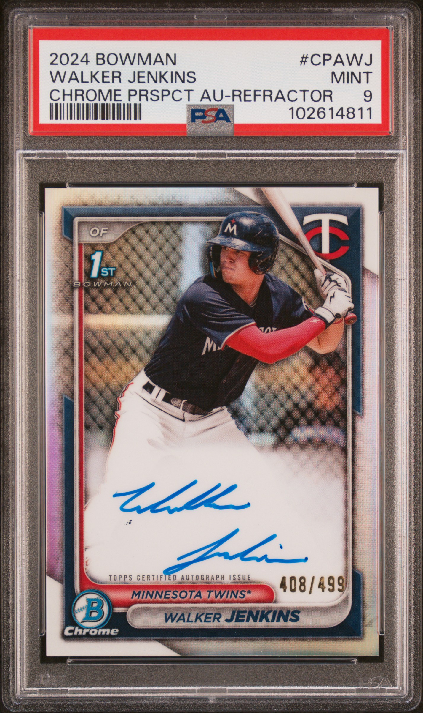 2024 Bowman Chrome Prospect Autographs Walker Jenkins #Cpawj (Chrome Prspct Au-Refractor) Mint 9 front