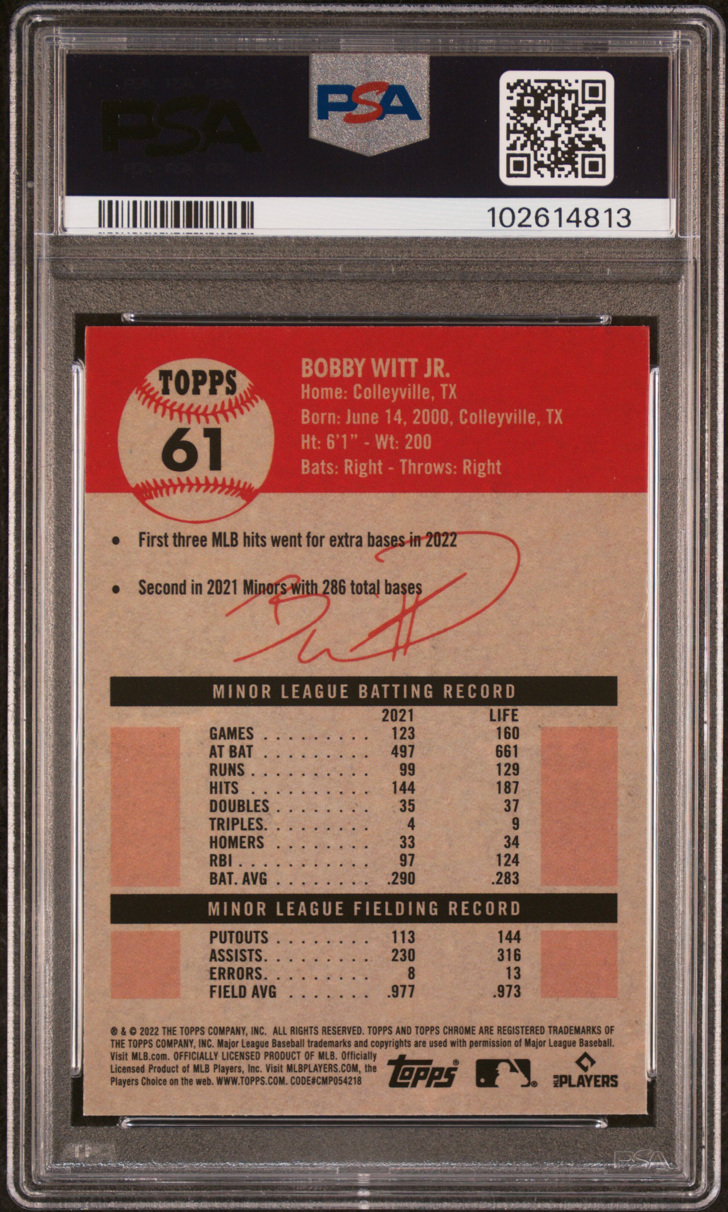 2022 Topps Chrome Platinum Anniversary Bobby Witt Jr. #61 (Blue Prism Refractor) Mint 9 back