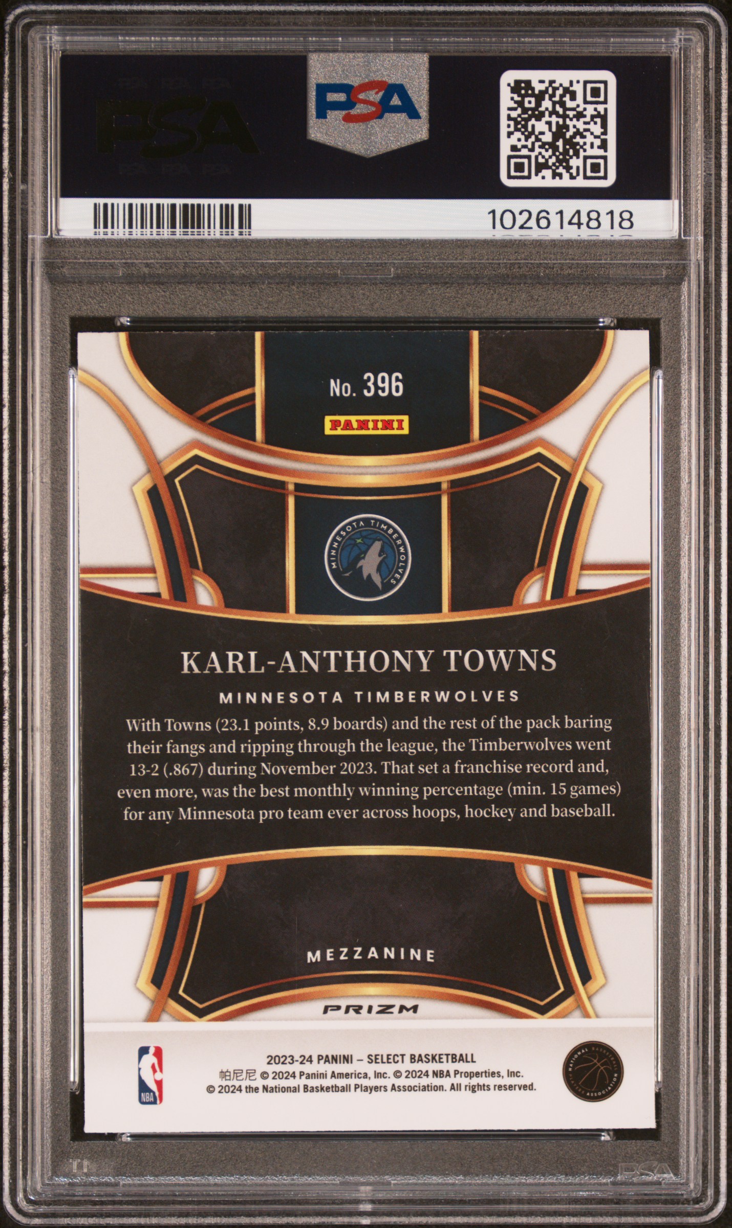 2023 Panini Select Karl-Anthony Towns #396 (Zebra Prizm) Gem Mt 10 back